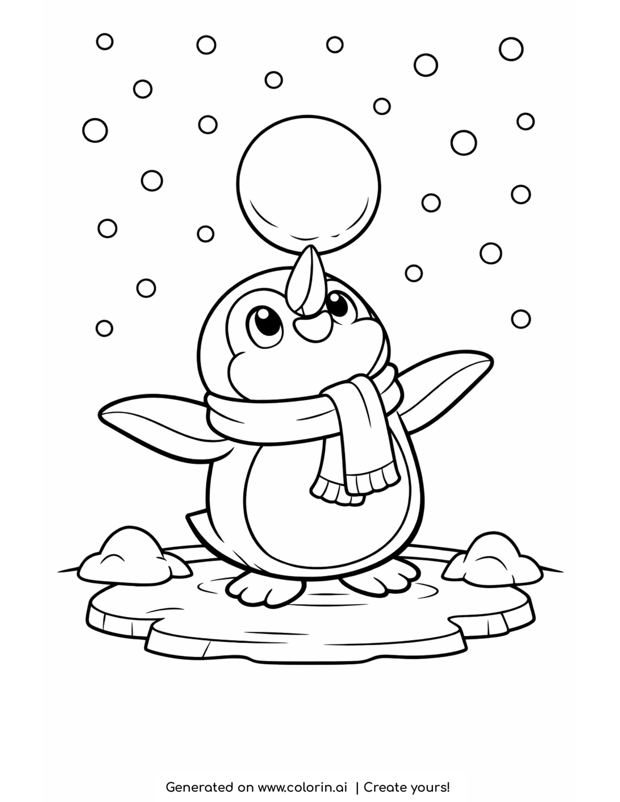 penguin coloring pages, a happy penguin wearing a scarf balancing a snowball on its beak with snowflakes