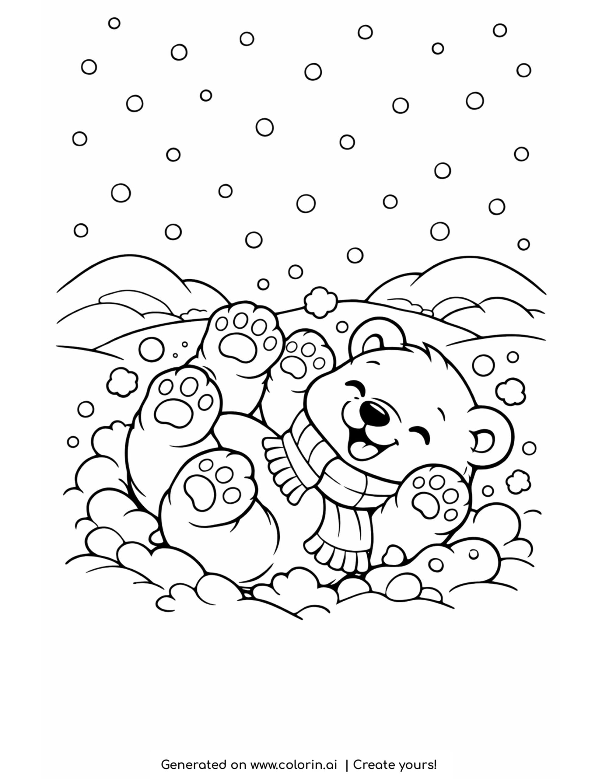 polar bear coloring pages, a happy polar bear cub tumbling in fresh snow wearing a scarf with snowflakes