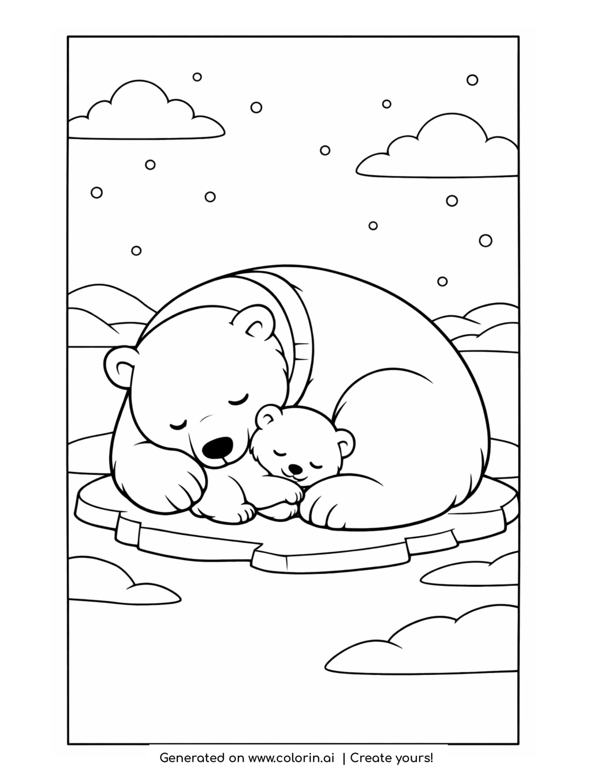 polar bear coloring pages, a mother polar bear cuddling its sleeping cub on an ice floe with falling snow