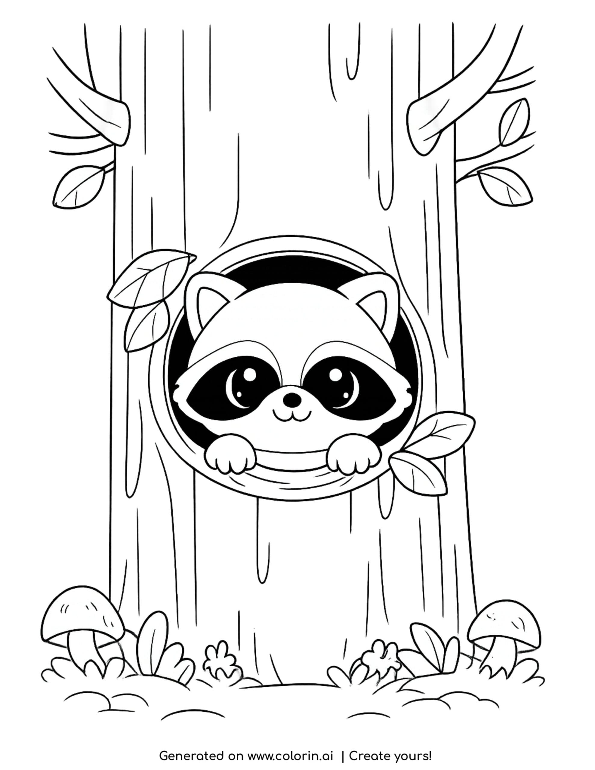 cute raccoon coloring pages, a raccoon peeking out of a round tree hole with mushrooms and leaves below
