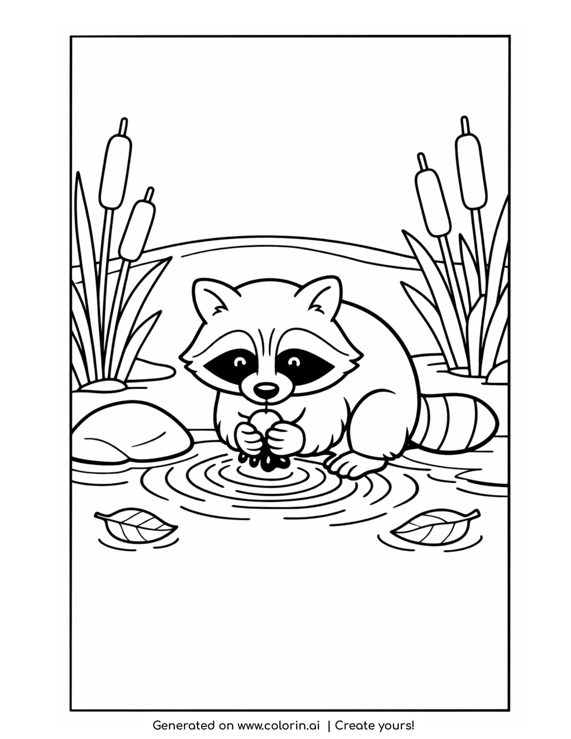 raccoon coloring pages, a raccoon washing a berry in a gentle stream with cattails, a rock and fallen leaves