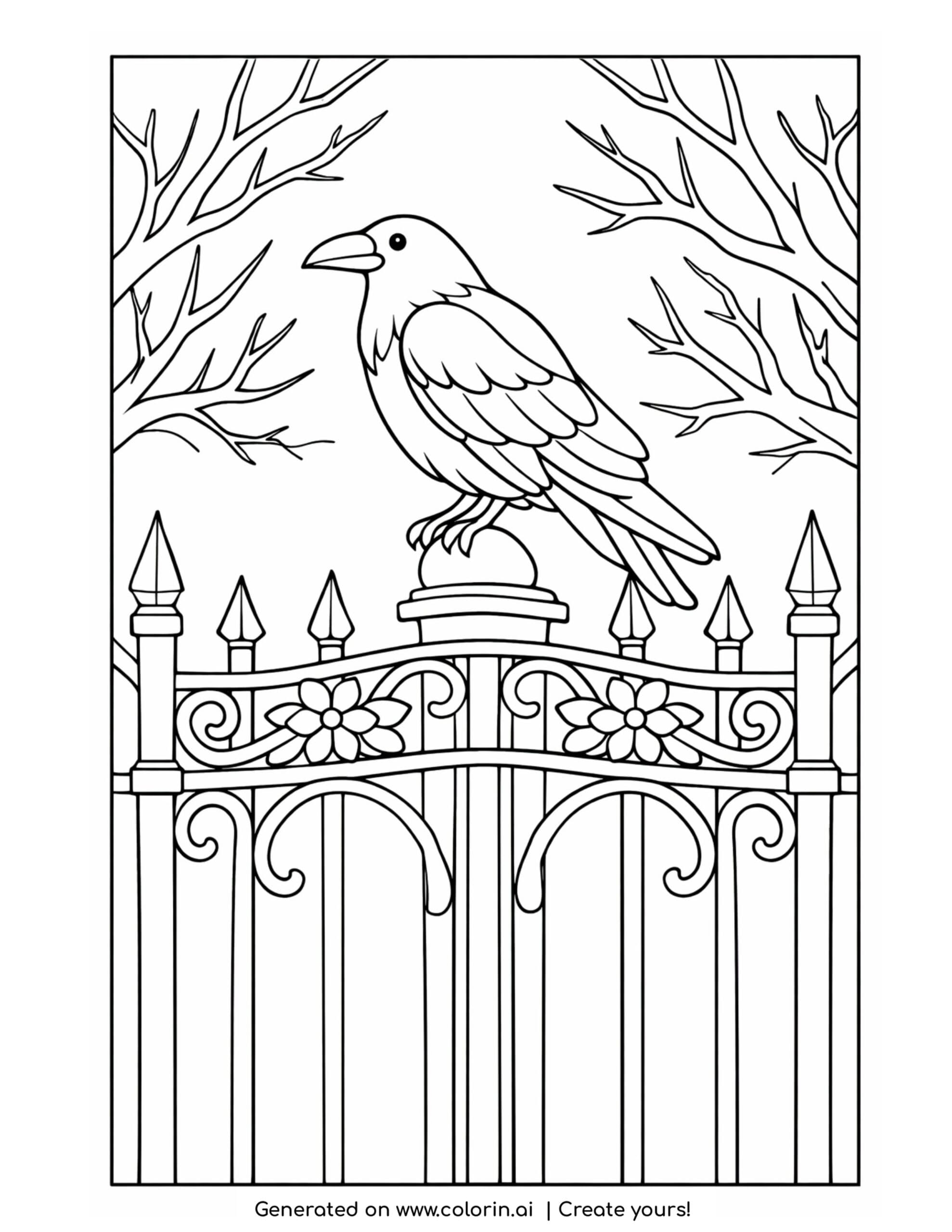 raven coloring pages, a raven perched on an ornate iron gate with bare branches behind