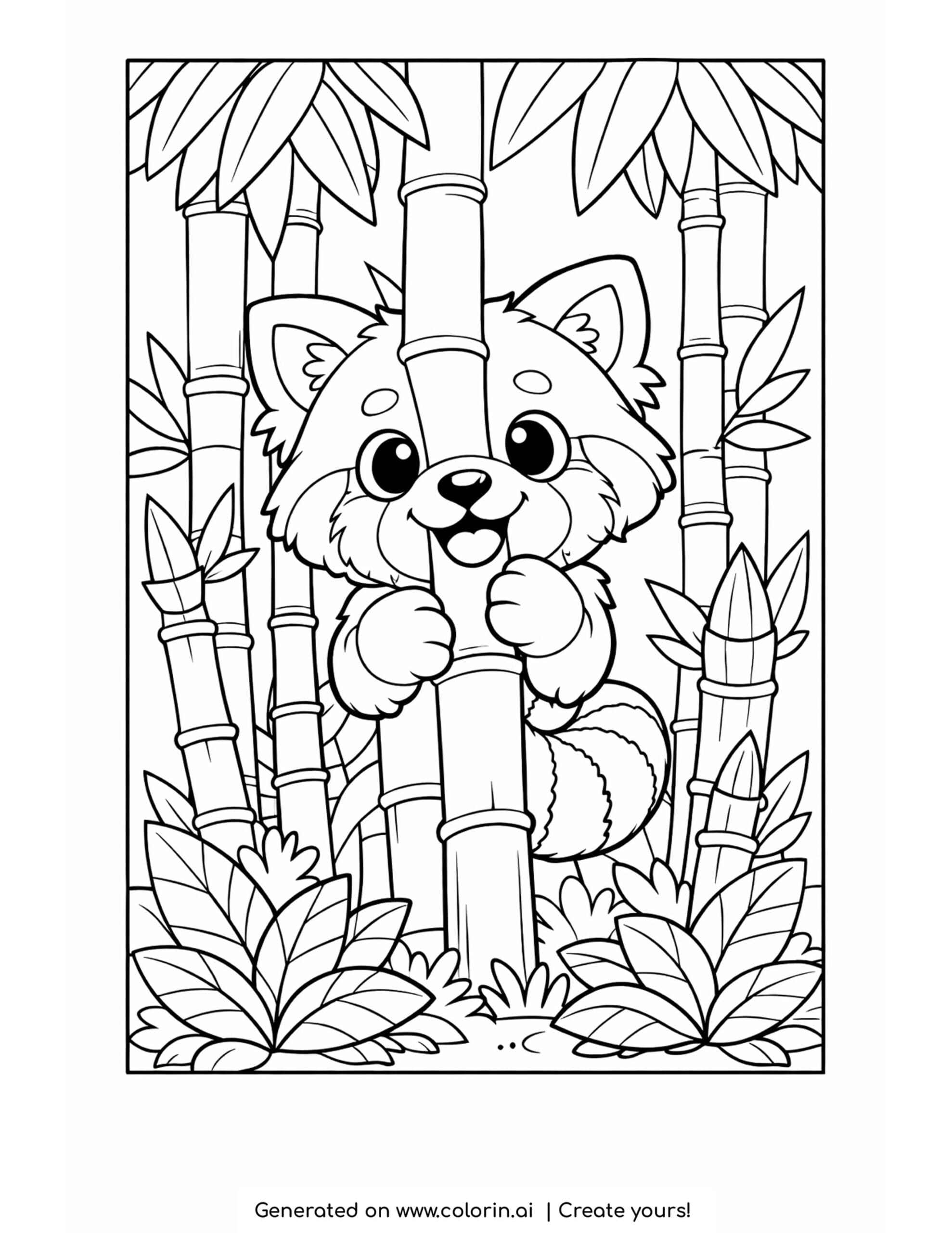 red panda coloring pages, a curious red panda peeking through tall bamboo stalks and leaves