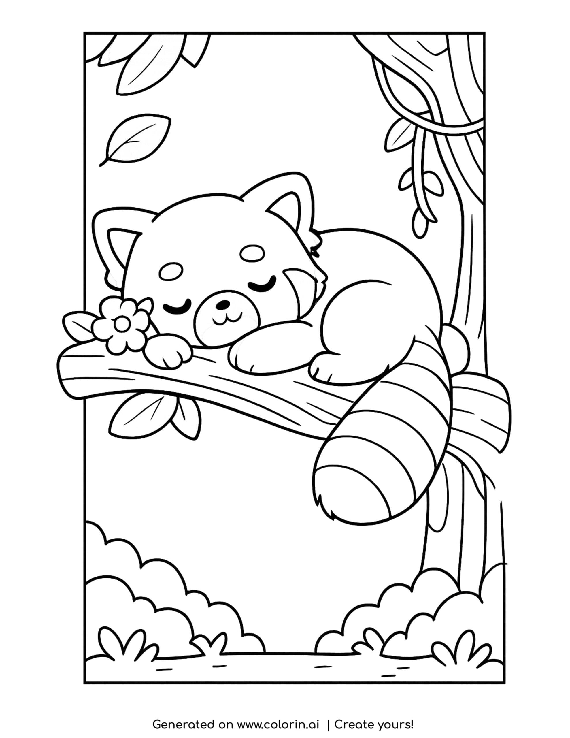 red panda coloring pages, a red panda curled asleep on a tree branch with a flower and a striped tail