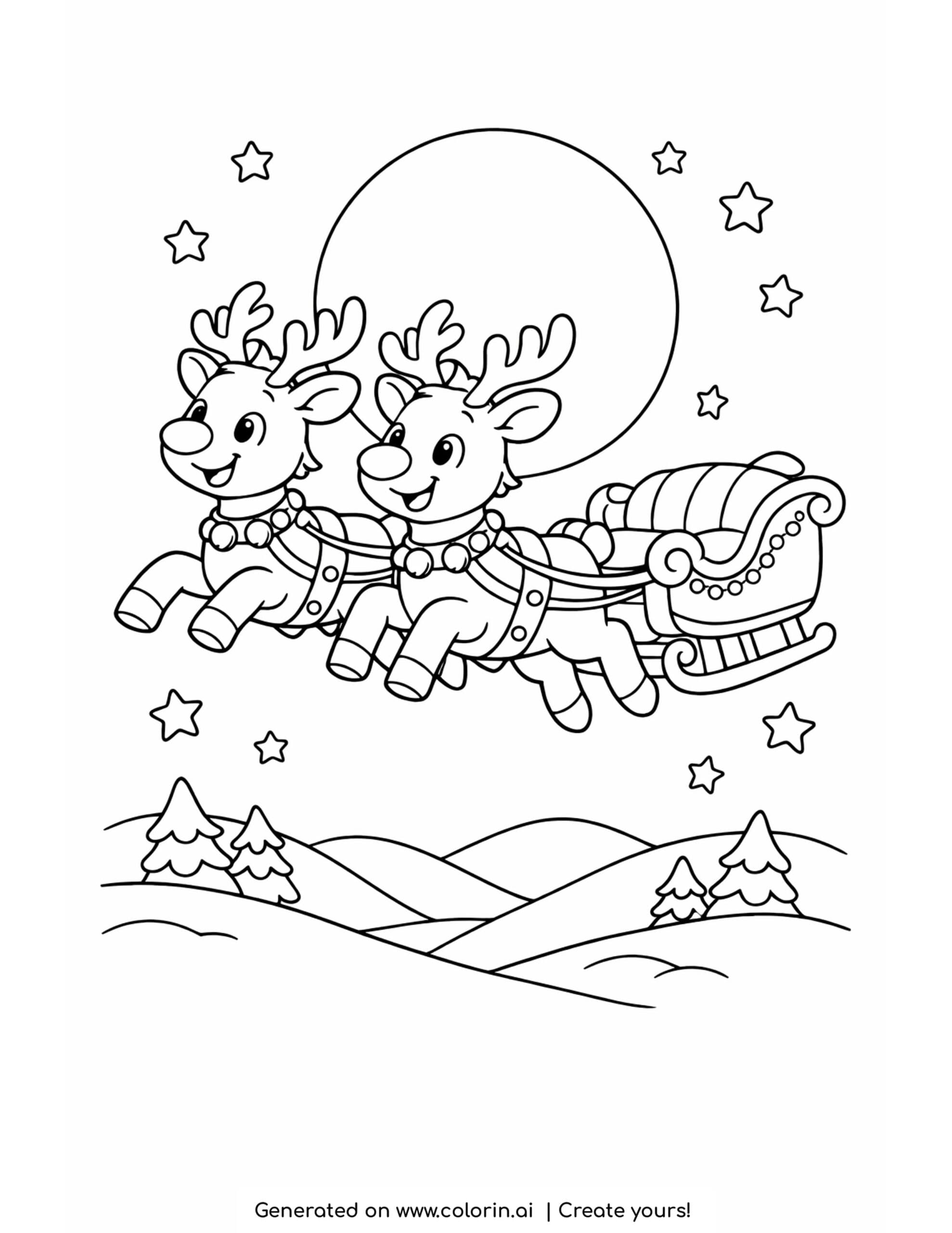 christmas coloring pages for kids, two reindeer pulling Santa's sleigh through a starry sky over snowy hills