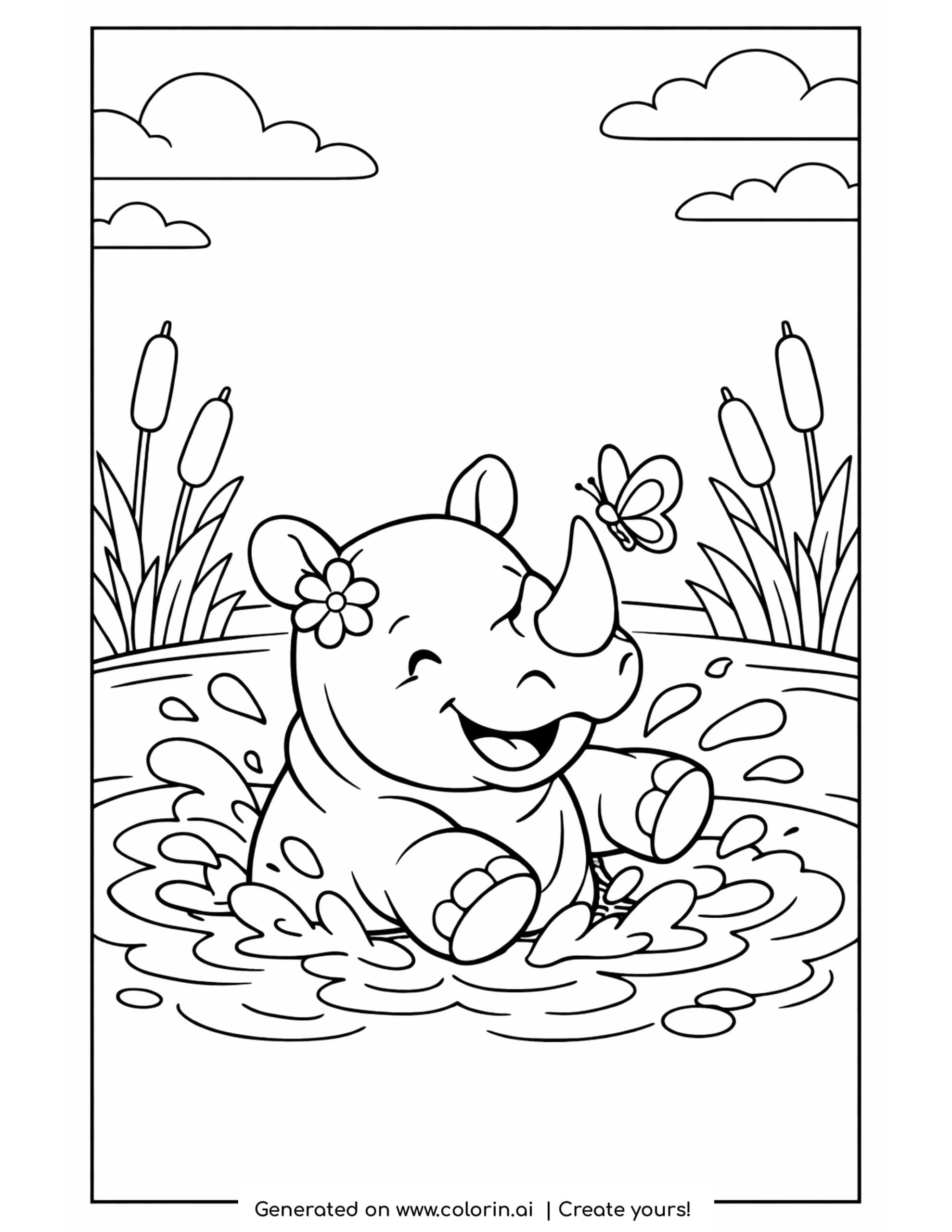 rhino coloring pages, a happy baby rhino wallowing and splashing in a mud puddle with a butterfly and cattails