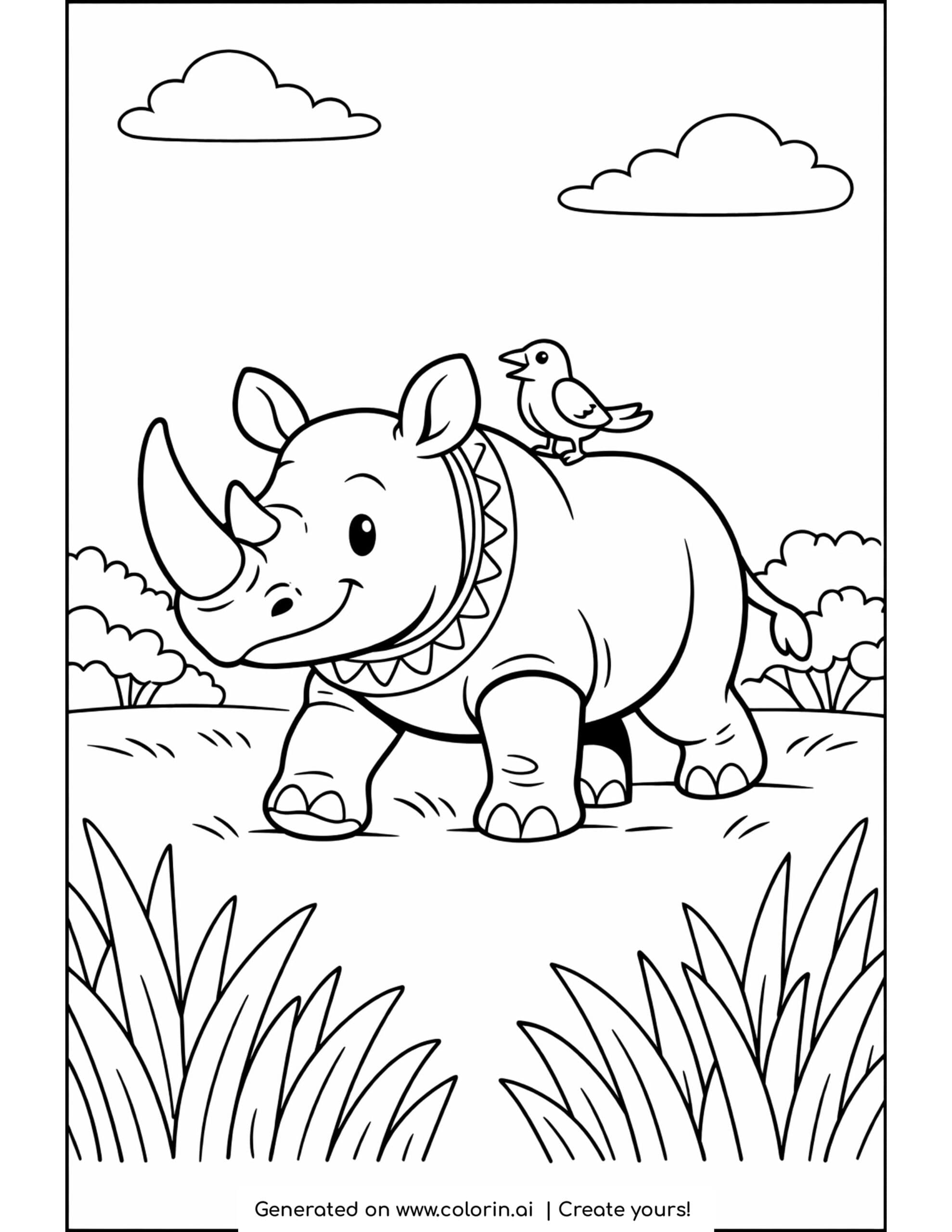 rhino coloring pages, a friendly rhino strolling through the savanna with a little bird on its back