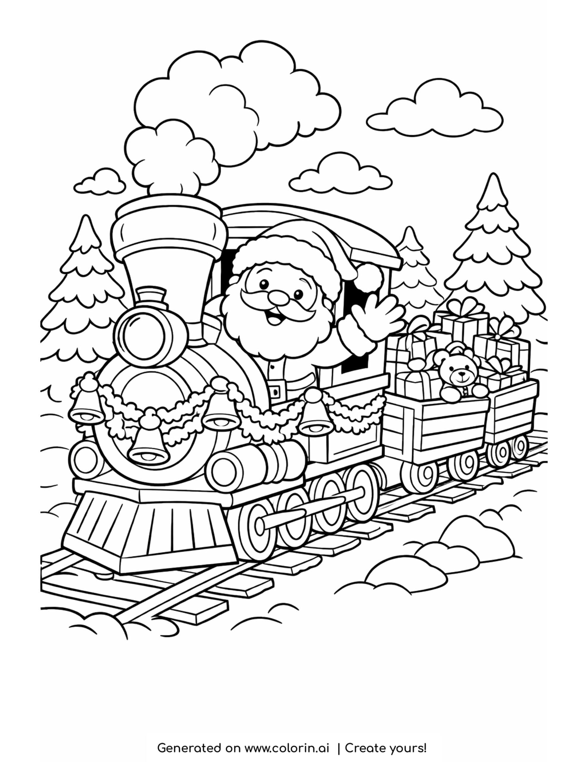 free christmas coloring pages, Santa driving a decorated Christmas train carrying gifts past snowy pine trees