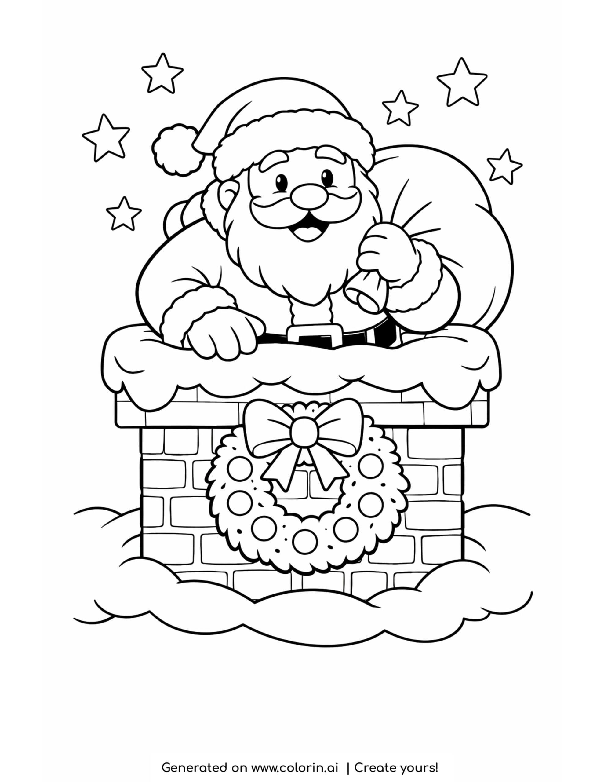 christmas coloring pages for kids, Santa going down a brick chimney with a wreath and stars