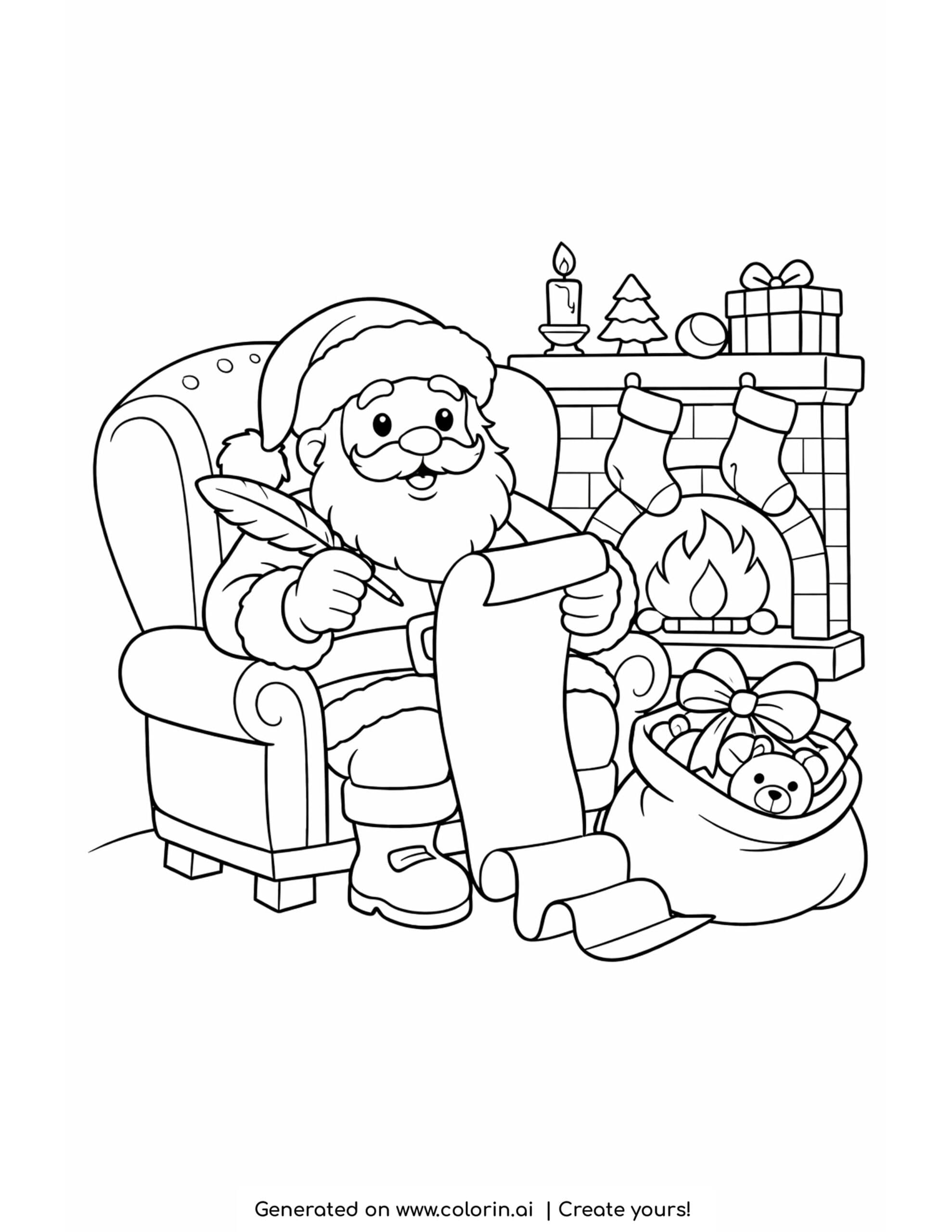 free christmas coloring pages, Santa in an armchair reading a long list by the fireplace with a sack of toys