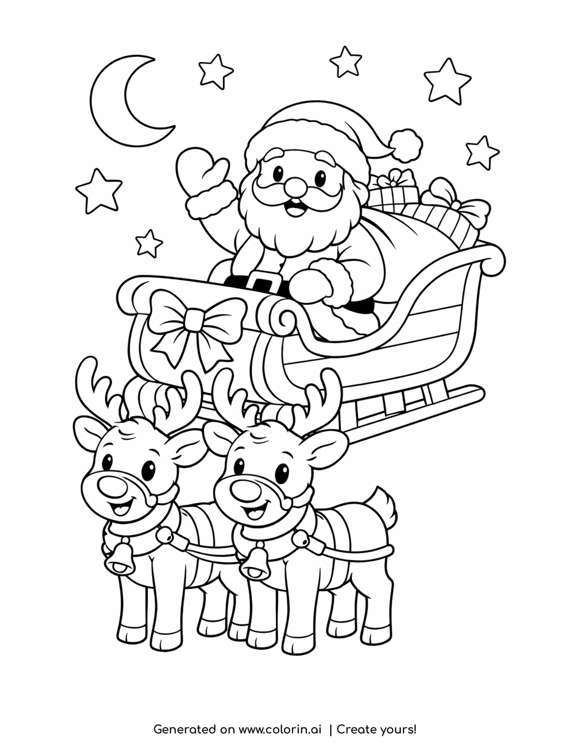 christmas coloring pages for kids, Santa waving from a sleigh pulled by two reindeer under a crescent moon
