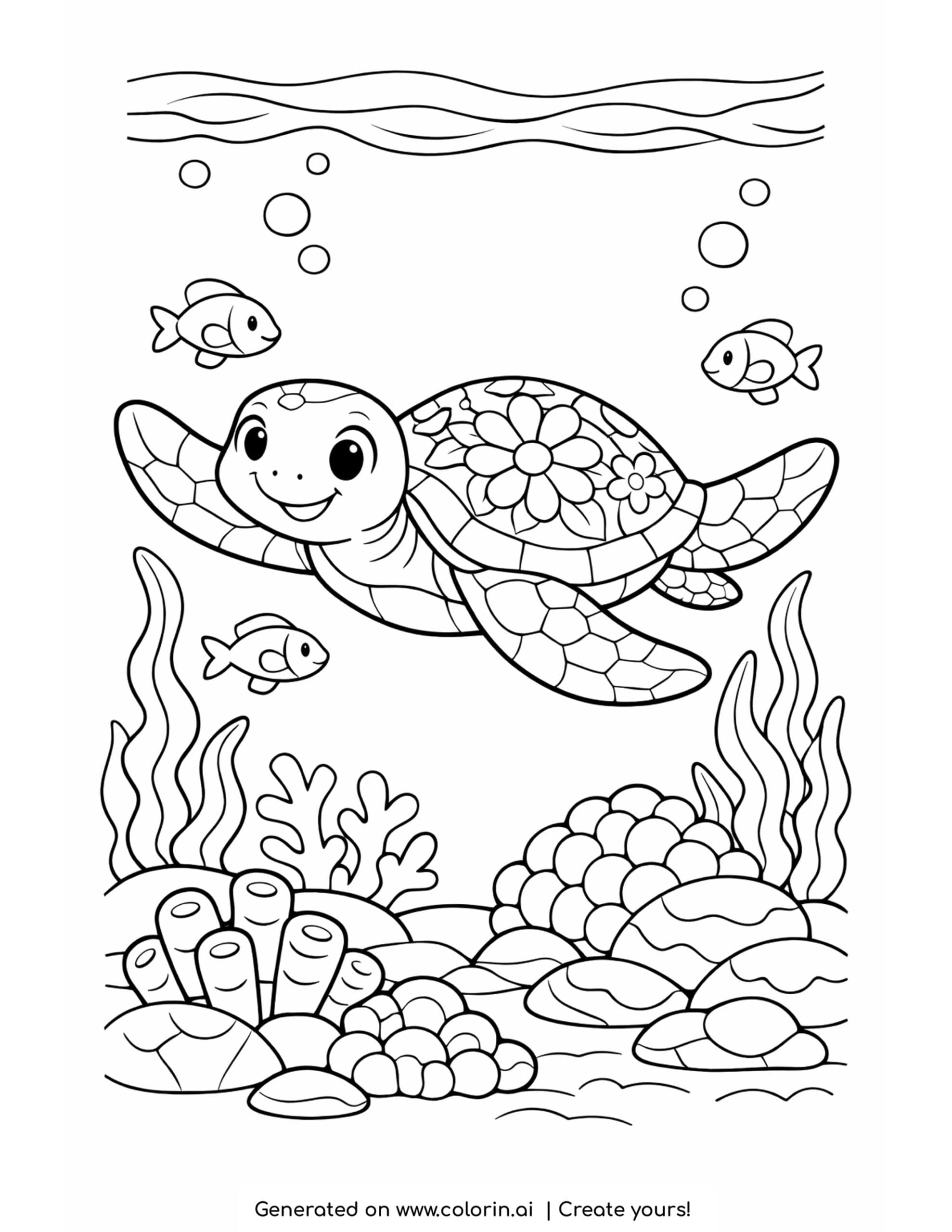 sea turtle coloring pages, a smiling sea turtle gliding over a coral reef with small fish and seaweed