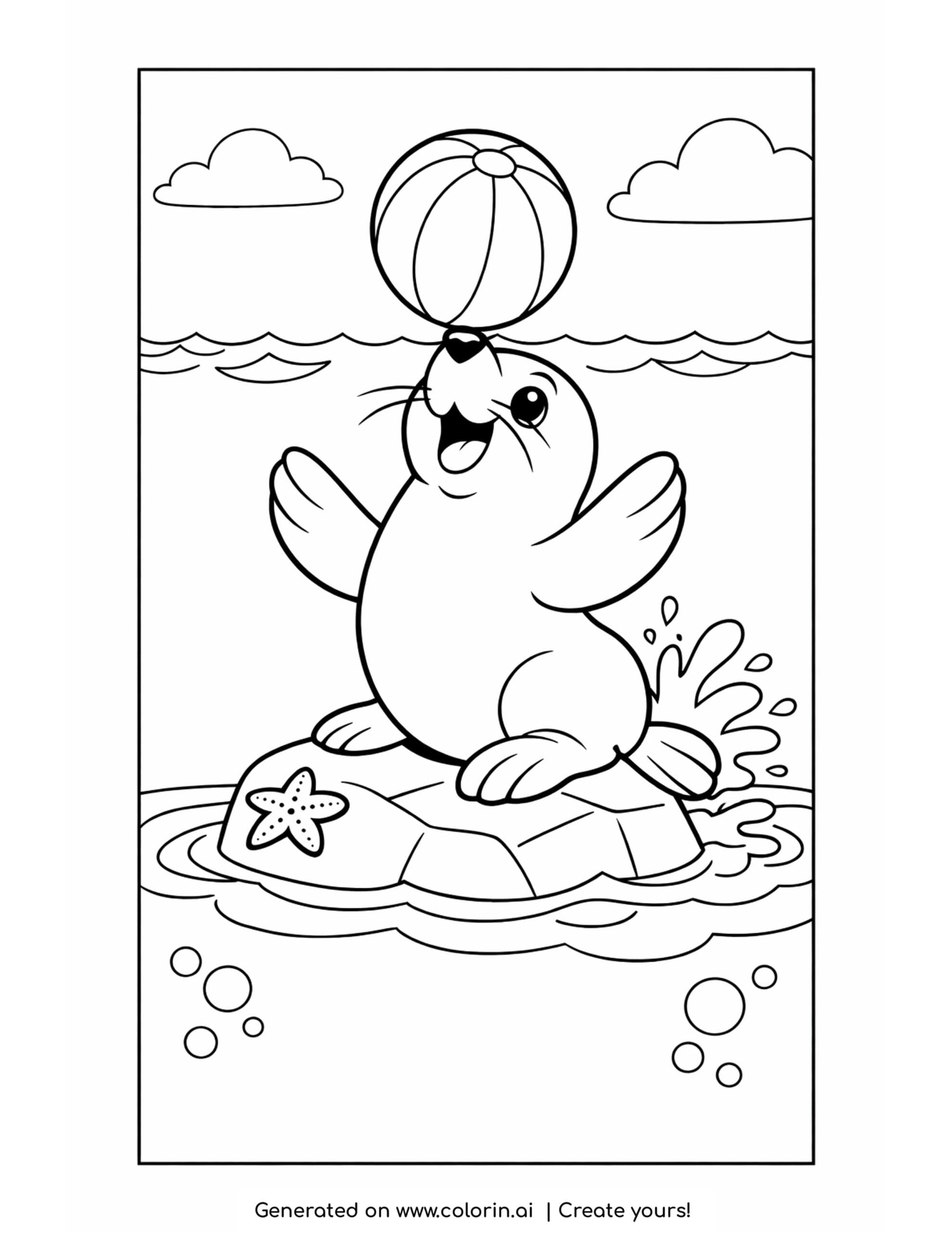 seal coloring pages, a seal balancing a striped beach ball on its nose on a rock