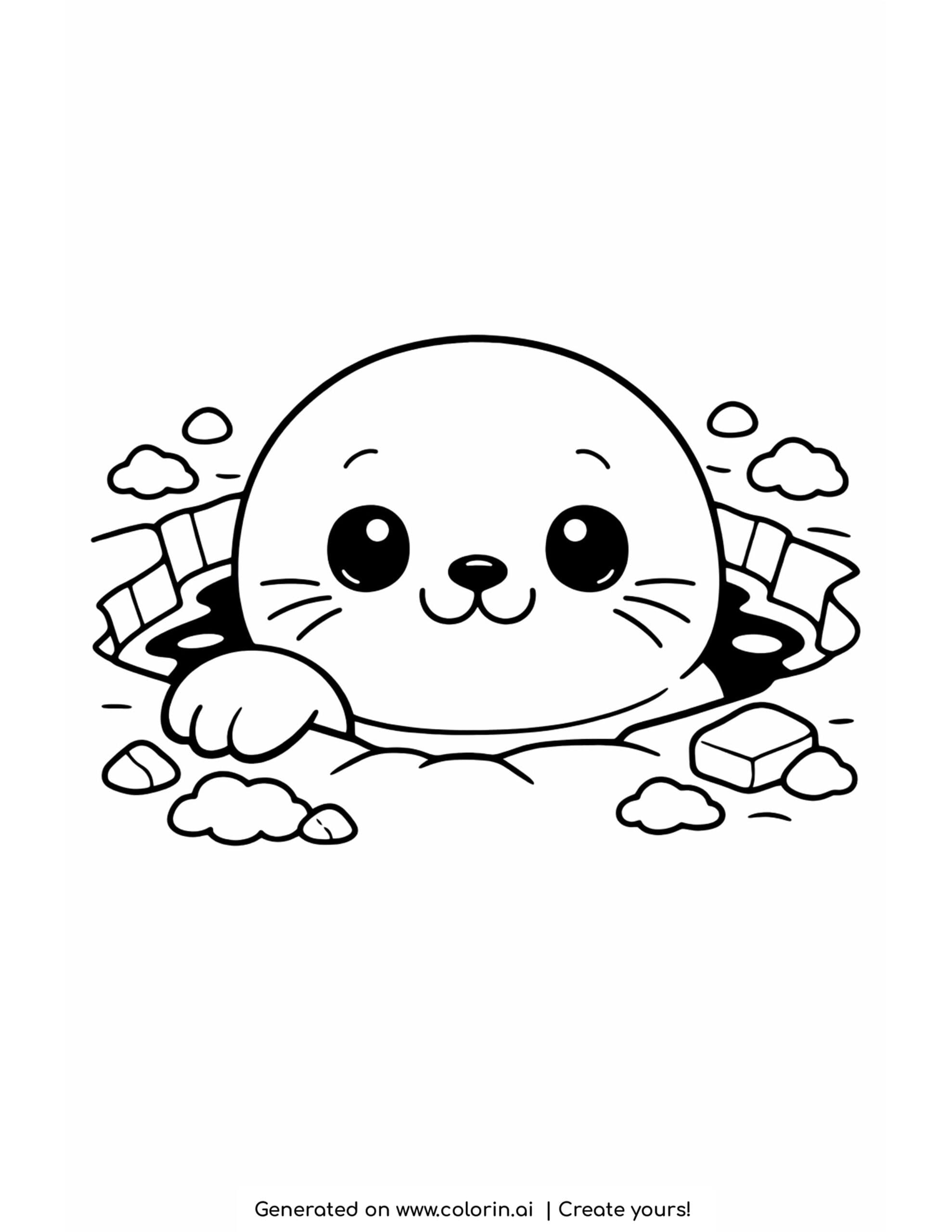 seal coloring pages, a cute seal pup peeking up through a round hole in the ice