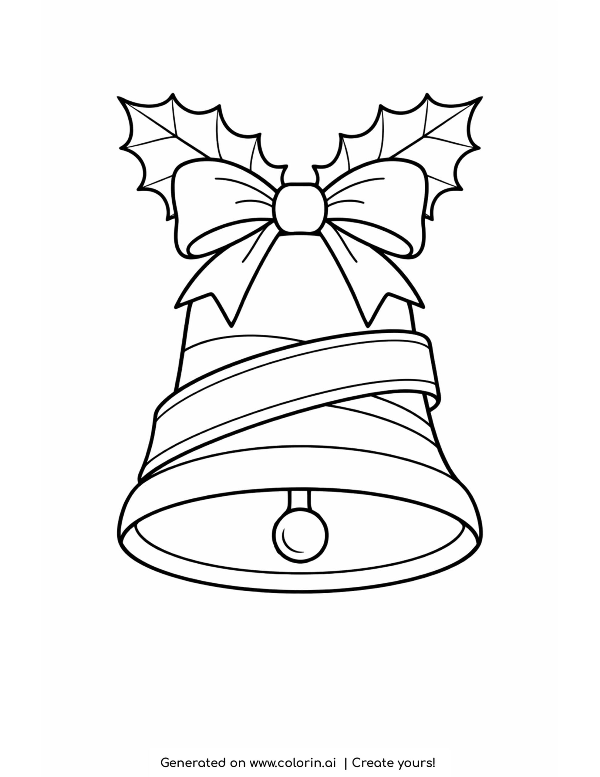easy christmas coloring pages, a simple bell with a ribbon, a bow, and holly leaves