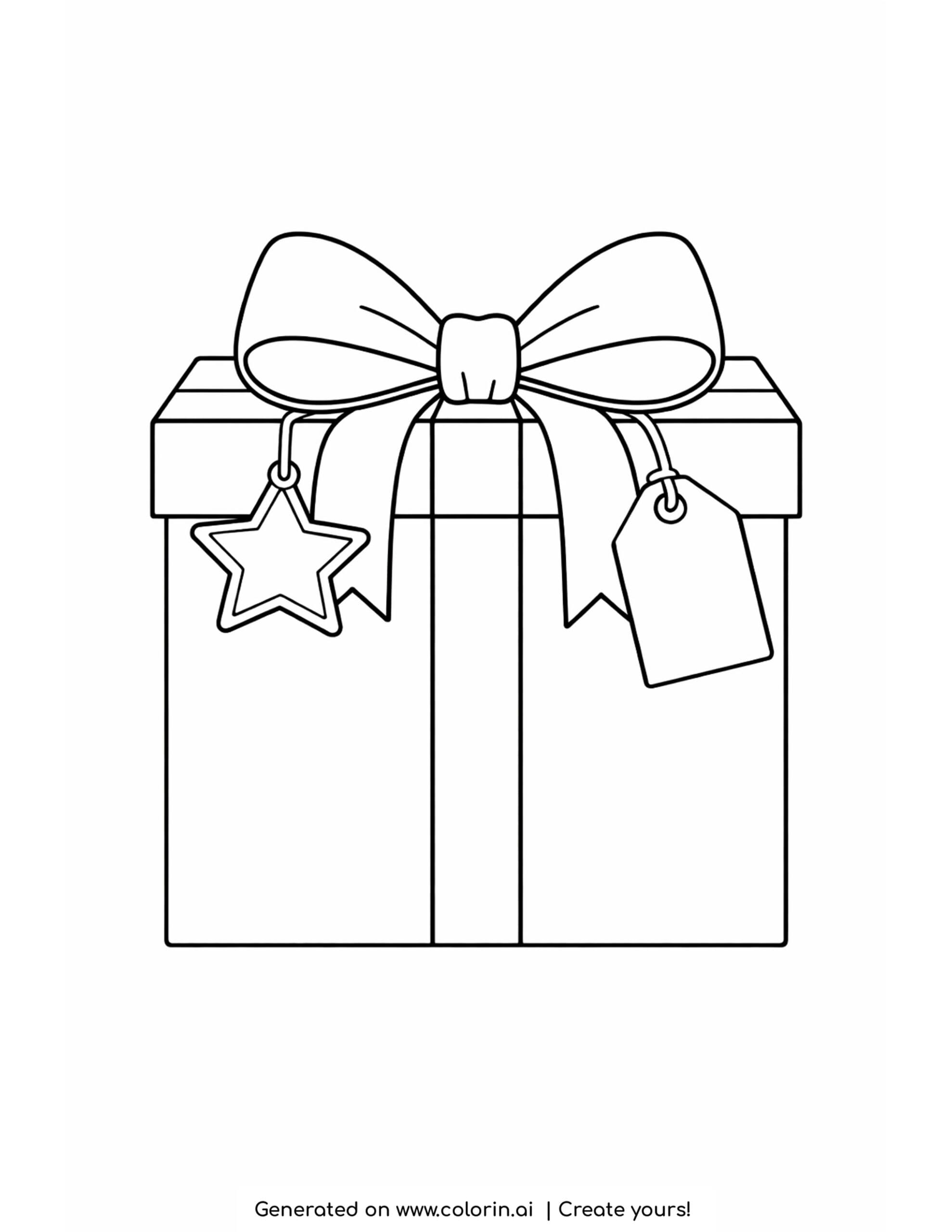 christmas coloring pages easy, a simple wrapped gift box with a big bow on top and a star tag and gift tag