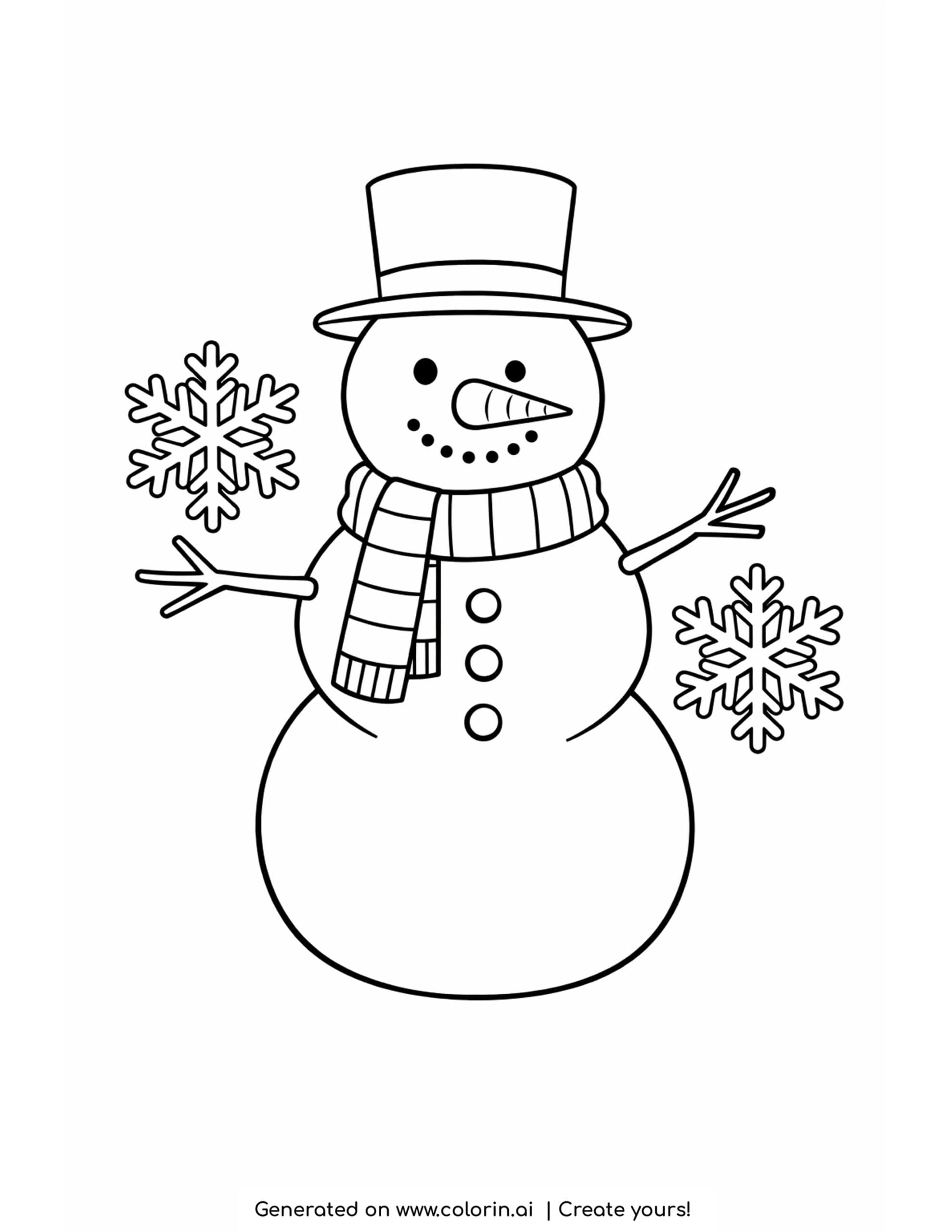 easy christmas coloring pages, a simple snowman with a top hat and scarf between two snowflakes