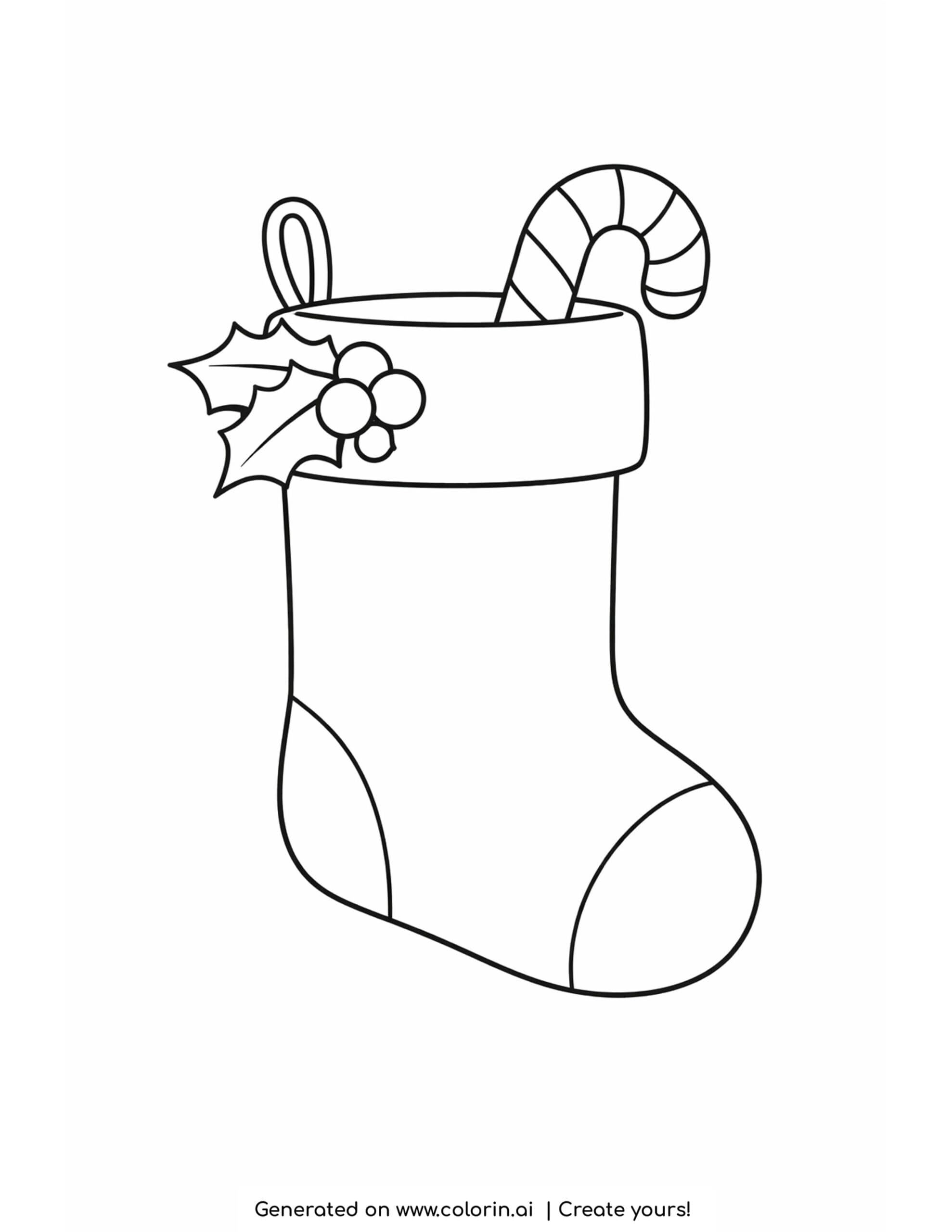 easy christmas coloring pages, a simple Christmas stocking with a cuff, a candy cane, and a sprig of holly