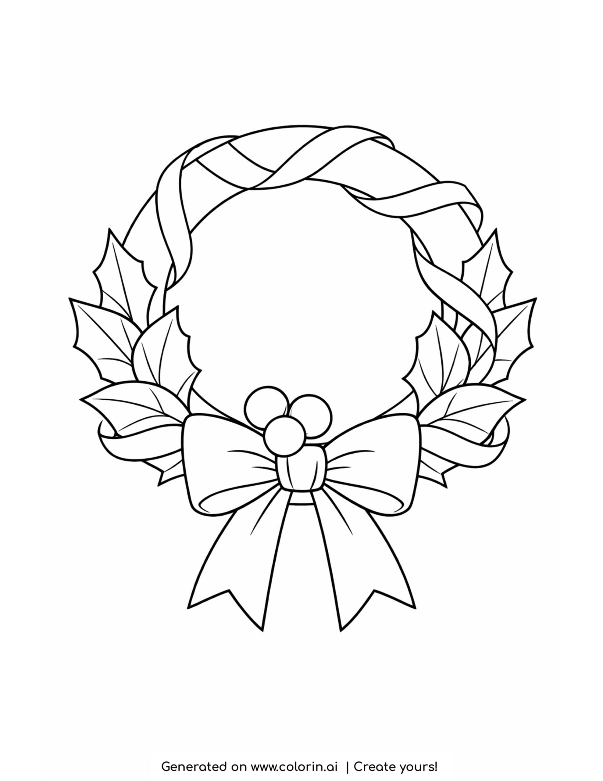 christmas coloring pages easy, a simple round wreath with leaves, a ribbon, and a bow