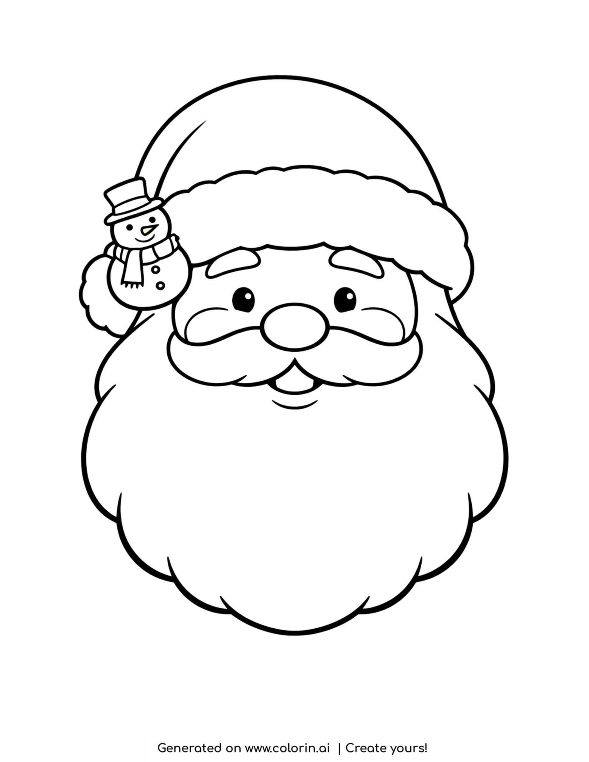 easy christmas coloring pages, a simple Santa face with a small snowman on the hat brim