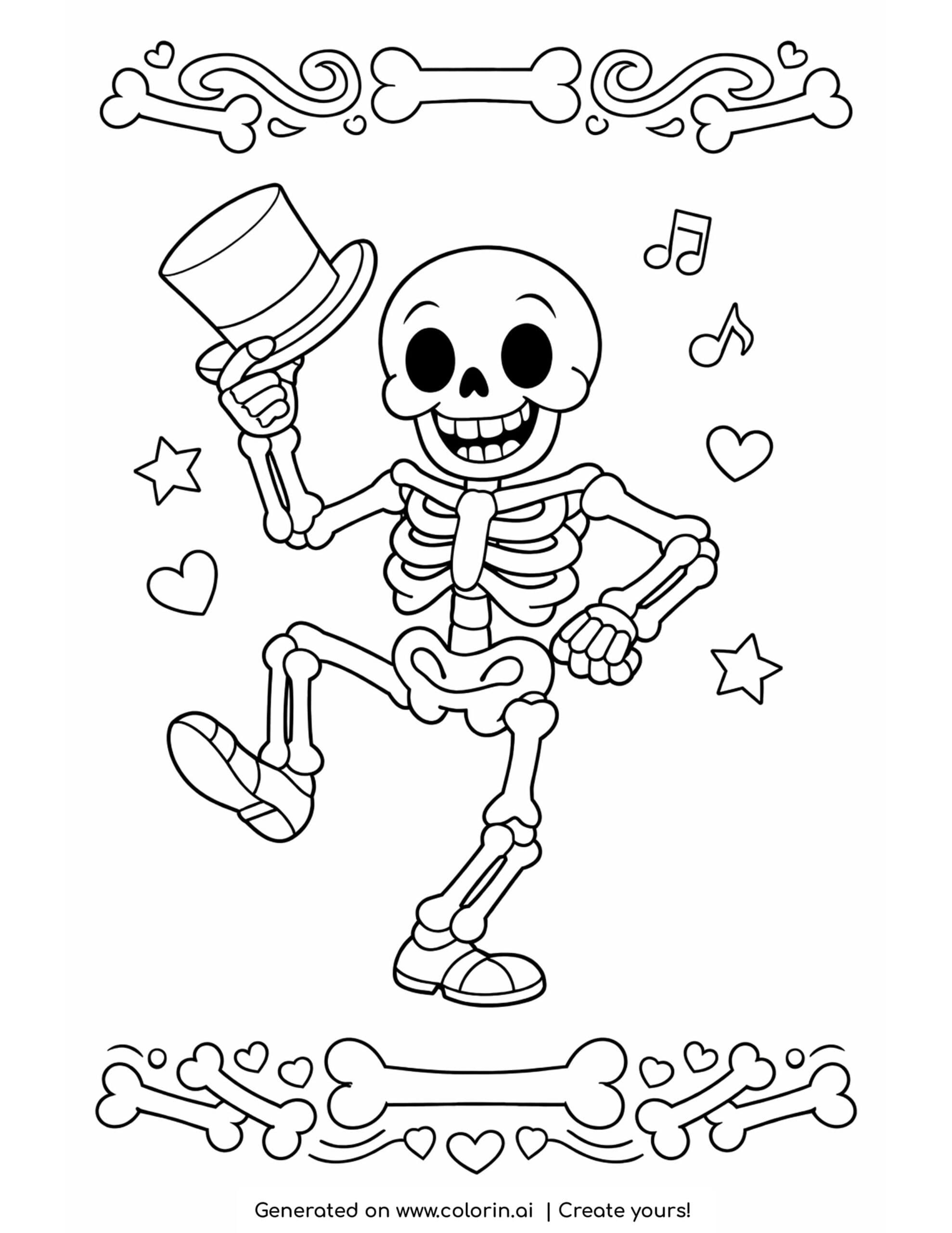 skeleton coloring pages, a cheerful dancing skeleton tipping a top hat with music notes and a bone border