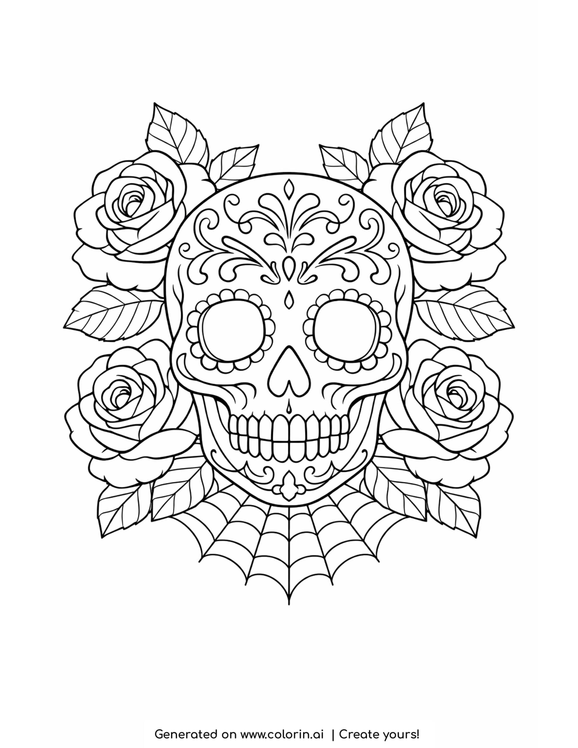 skull coloring pages, an ornate skull surrounded by roses and leaves with a spider web below