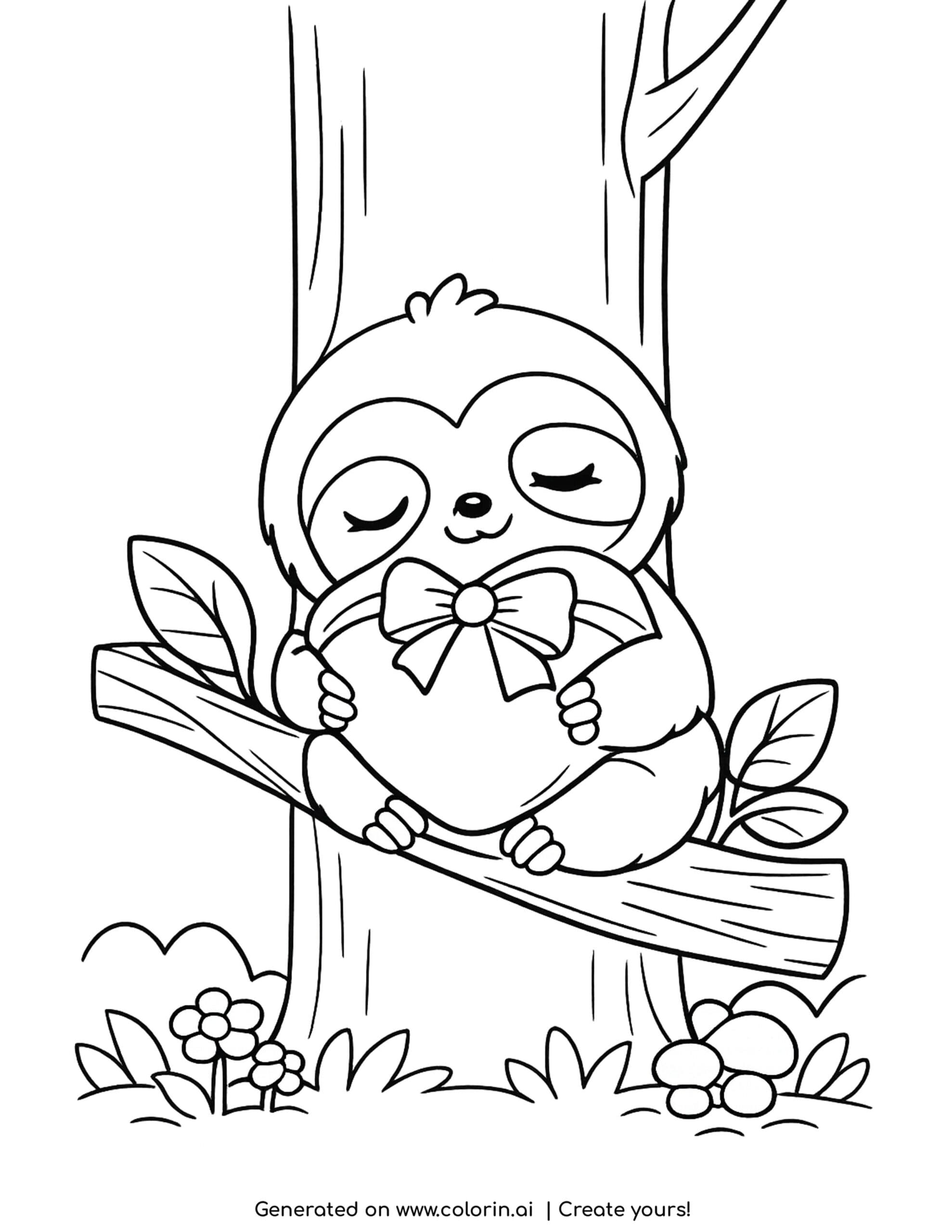 cute sloth coloring pages, a sleepy sloth hugging a heart with a bow while resting on a tree branch