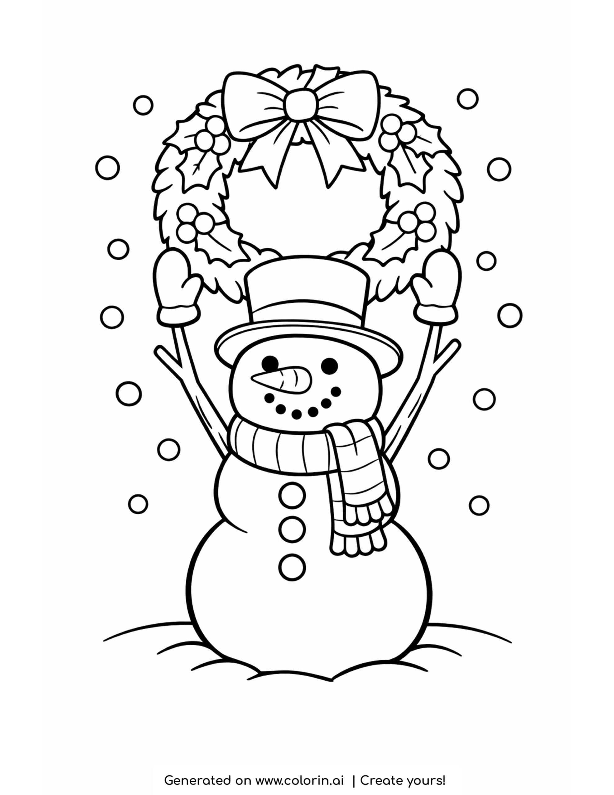 christmas coloring pages for kids, a snowman in a top hat holding up a Christmas wreath with falling snow