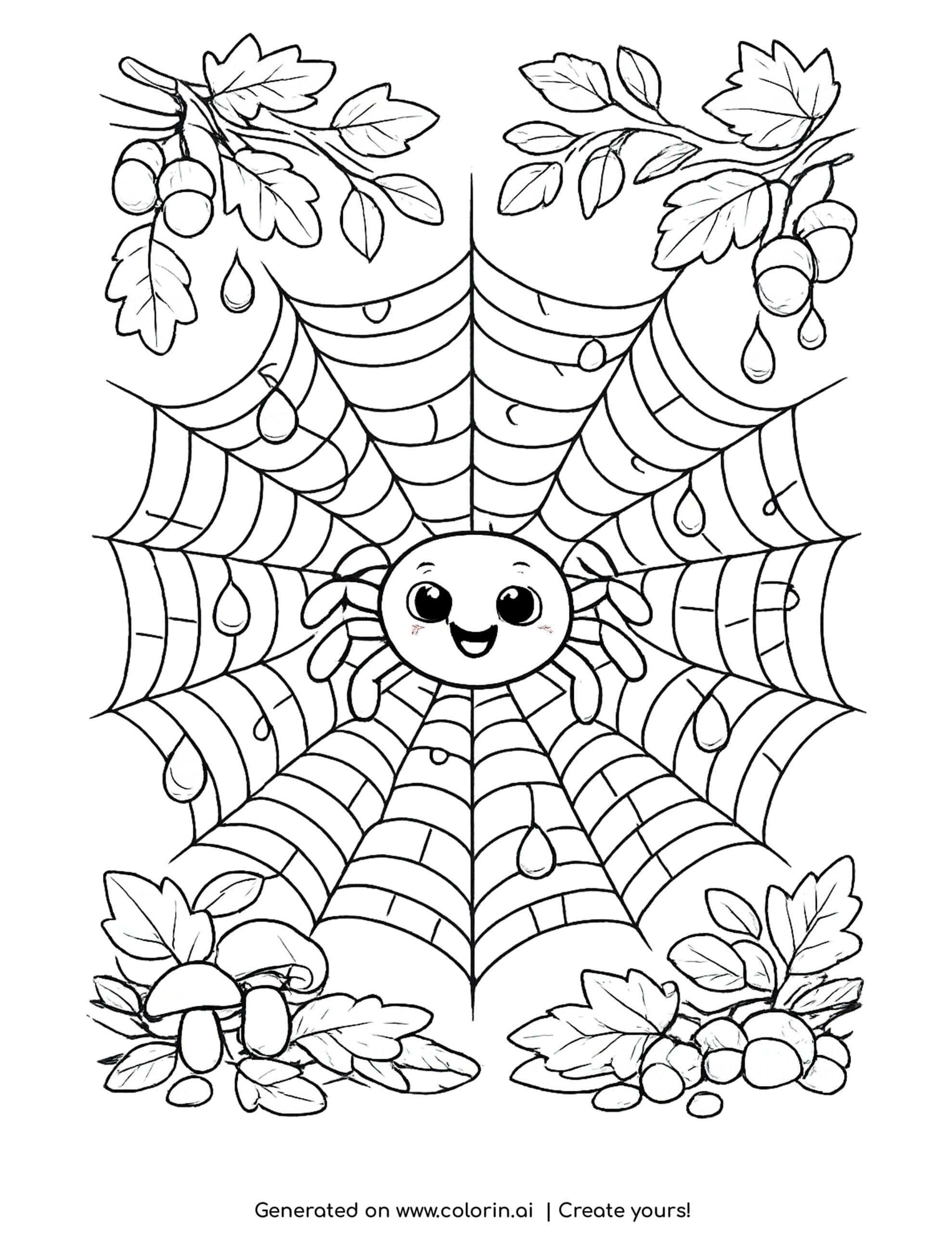 spider coloring pages — friendly garden spider on a dewy web with autumn leaves