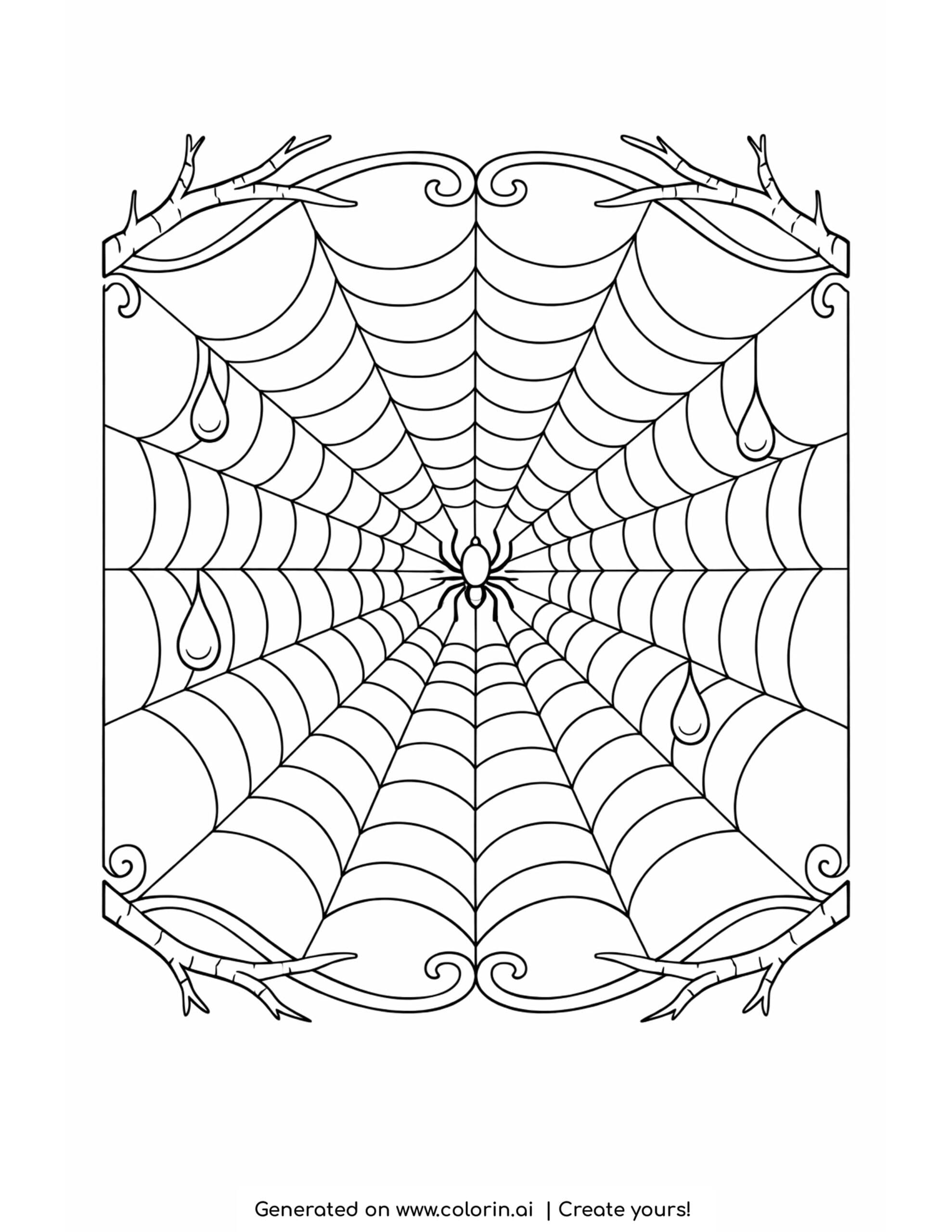 spider web coloring pages, a large symmetrical spider web between branches with dew drops and a small spider