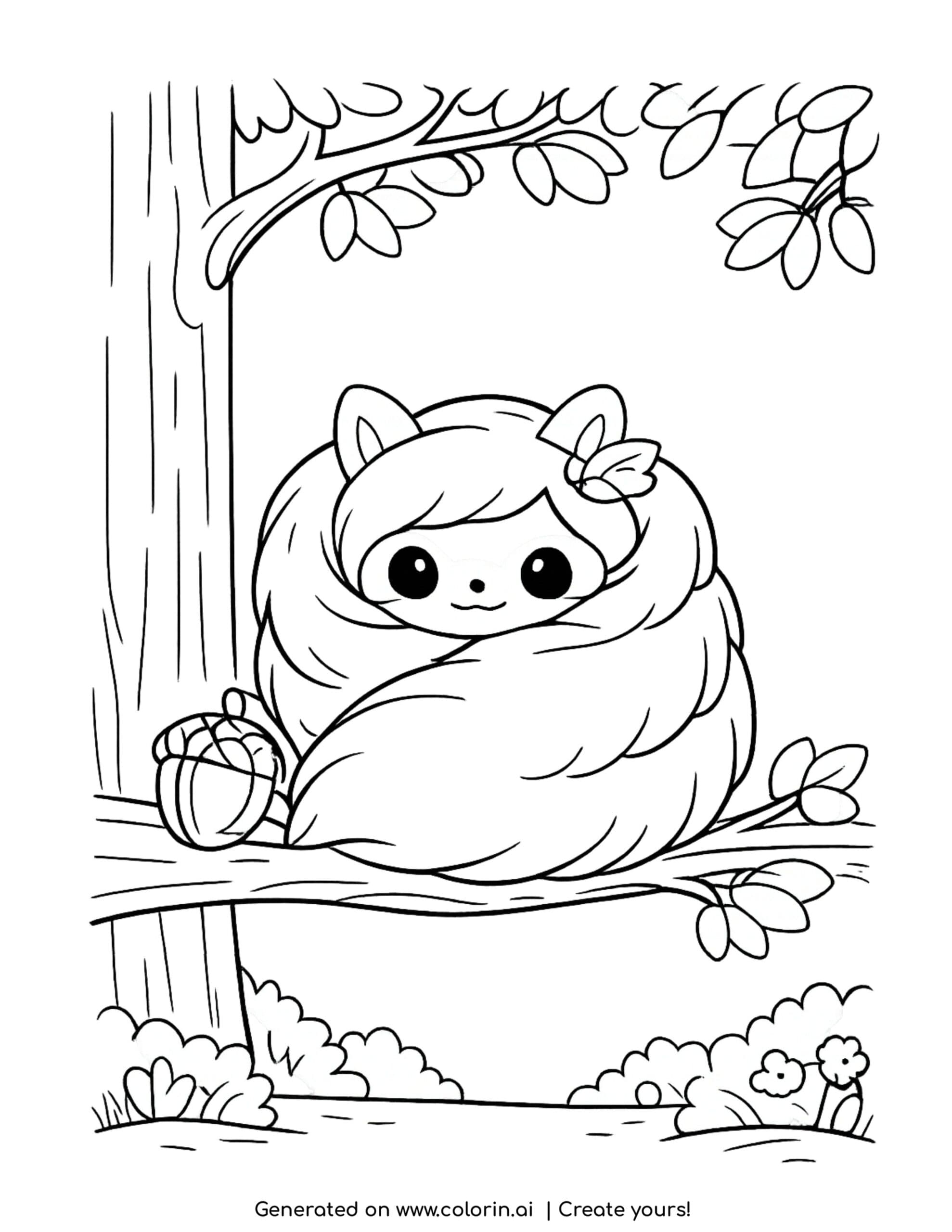 squirrel coloring pages, a round squirrel wrapped in its fluffy tail resting on a tree branch with an acorn