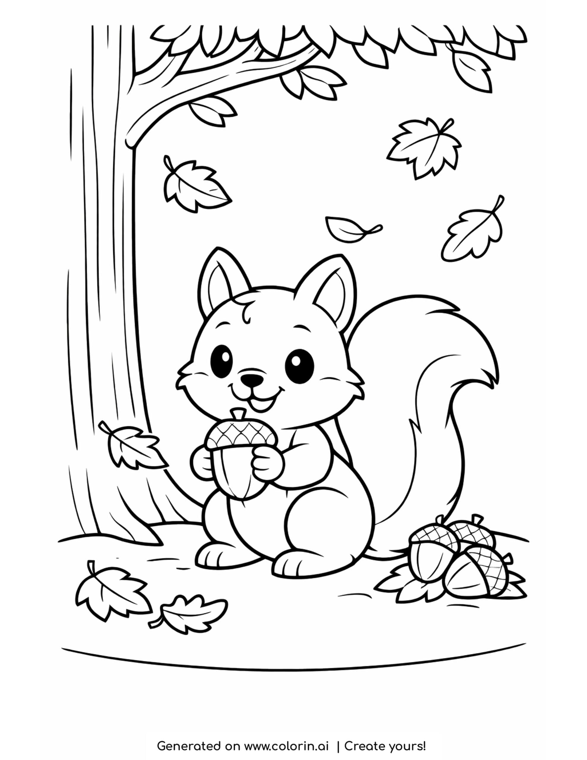 squirrel coloring pages, a squirrel under a tree holding an acorn with a pile of acorns and falling leaves