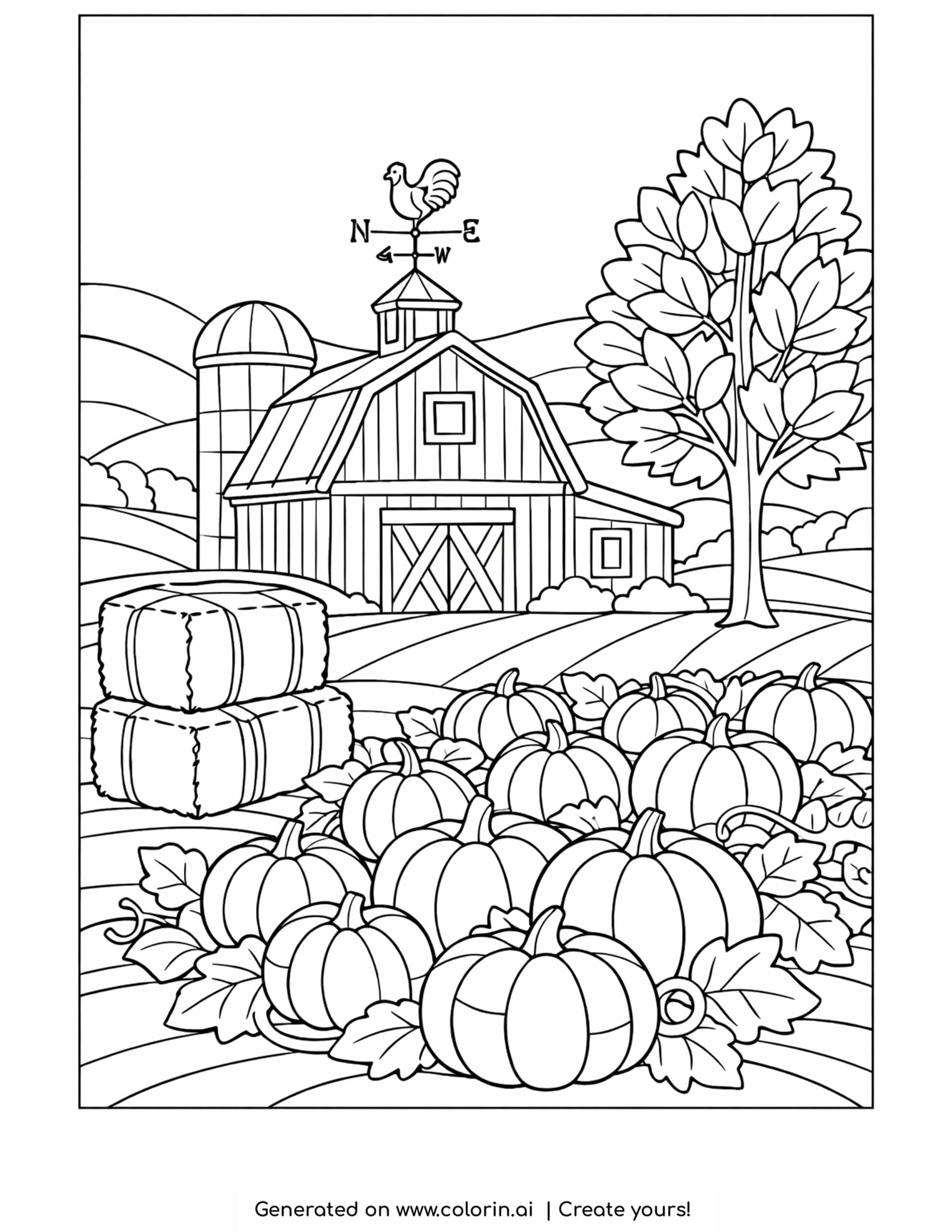 thanksgiving coloring pages for adults, a country barn with a weathervane, hay bales, a tree, and a large pumpkin patch