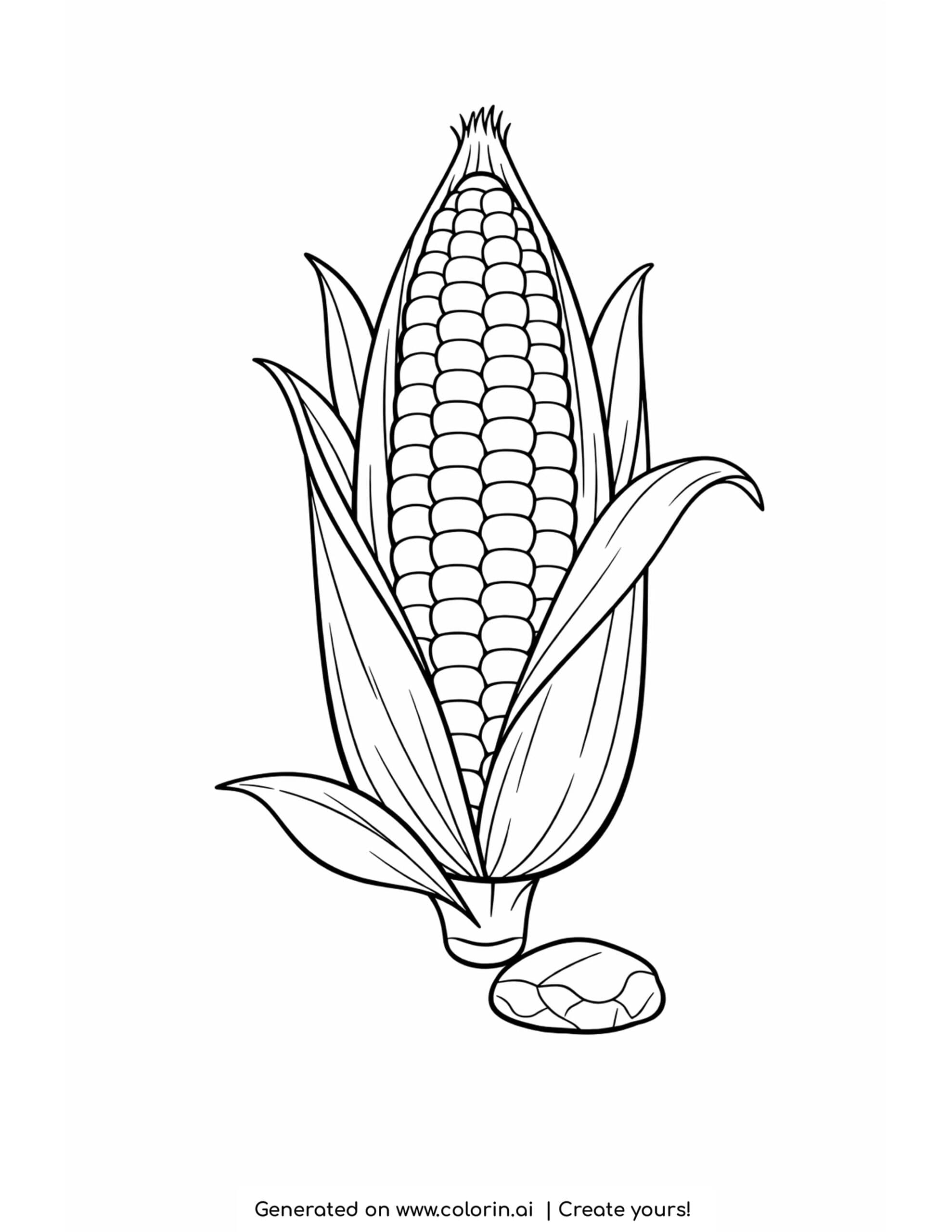 thanksgiving food coloring pages, a single ear of corn with the husk peeled back showing rows of kernels