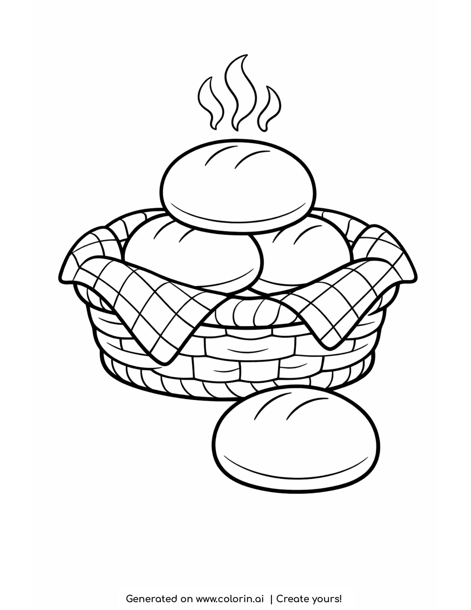 thanksgiving food coloring pages, a basket lined with a checkered cloth holding a stack of soft dinner rolls with steam