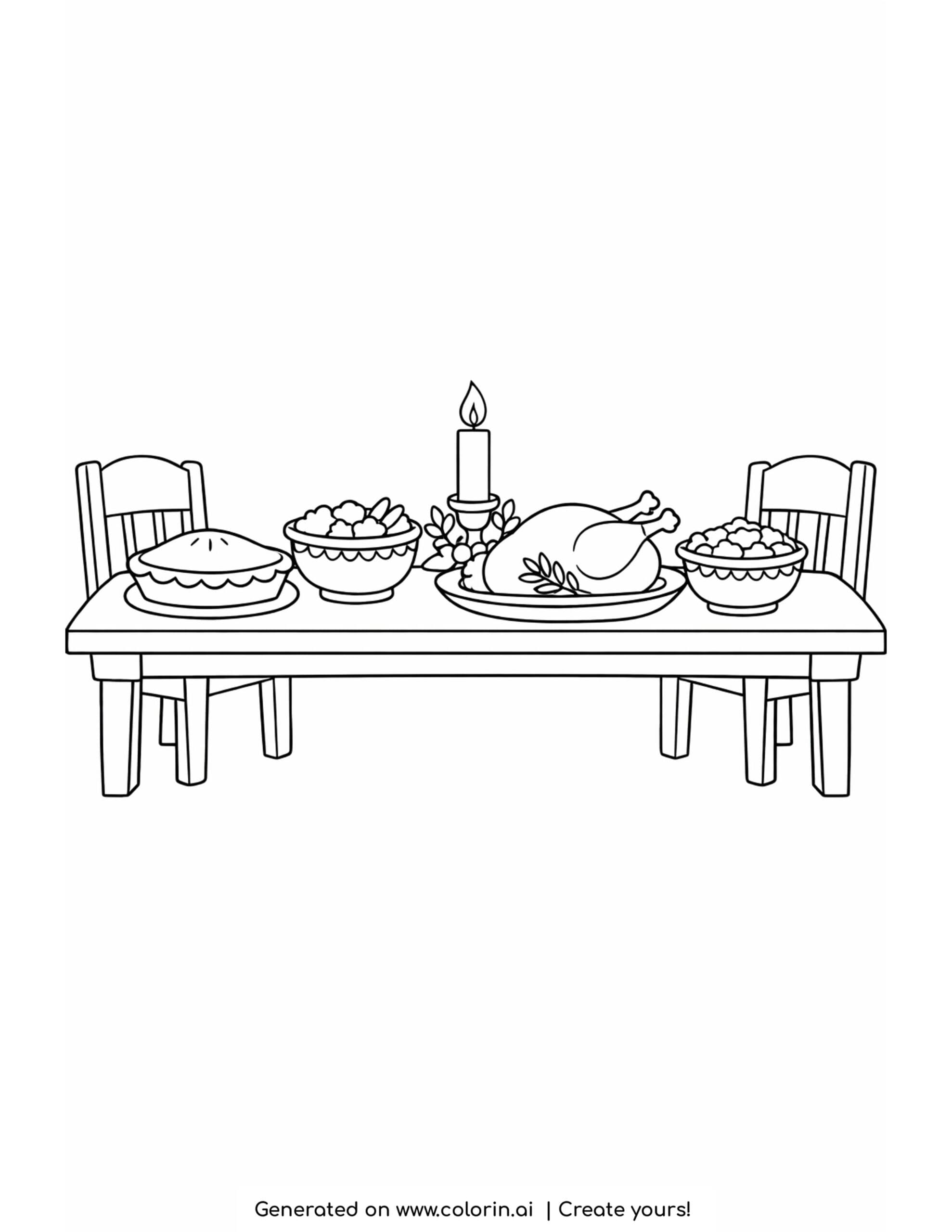 thanksgiving dinner coloring pages, a long table set with a roast turkey, bowls of food, a pie, and a candle