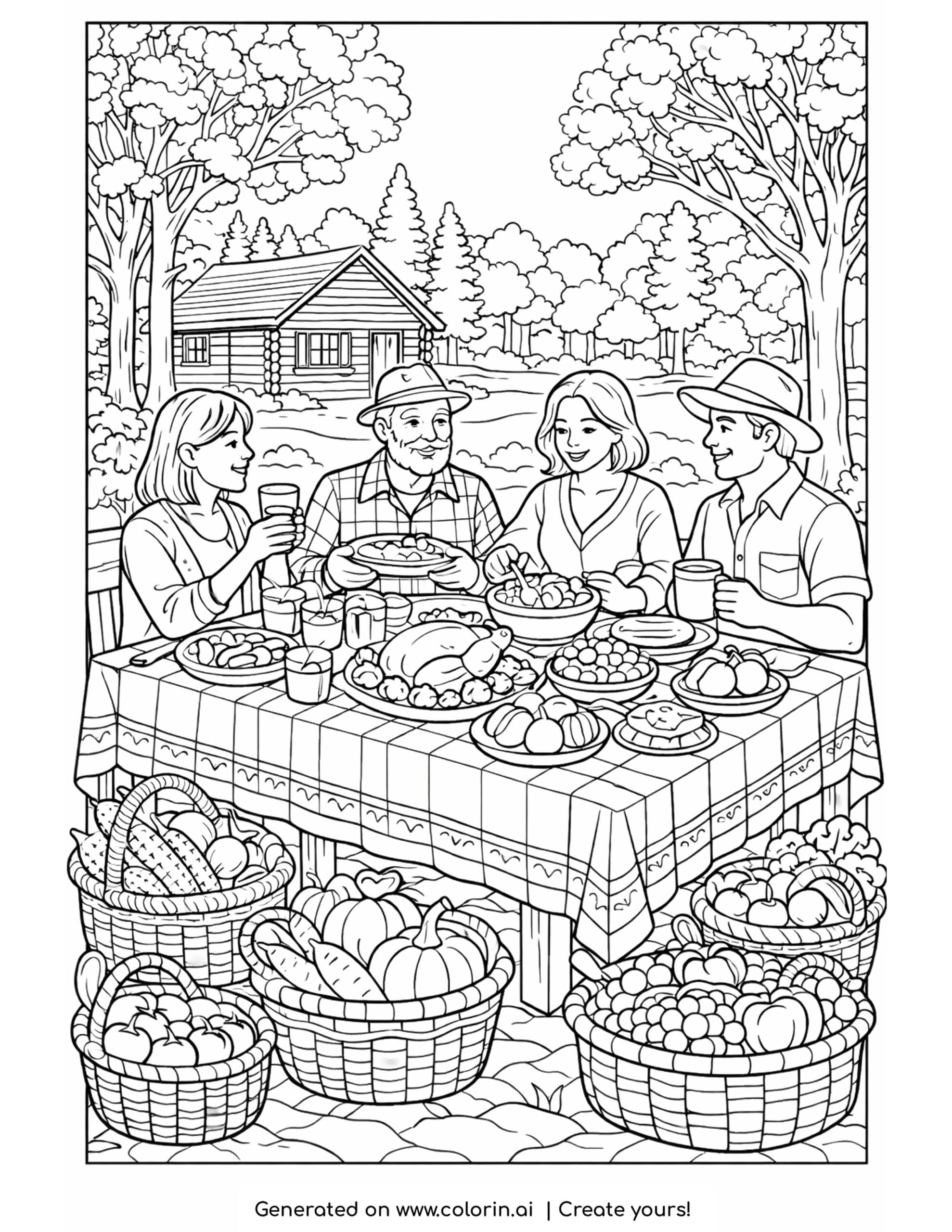 thanksgiving day coloring pages, a family gathered at an outdoor table with a turkey and dishes, a cabin behind, and harvest baskets