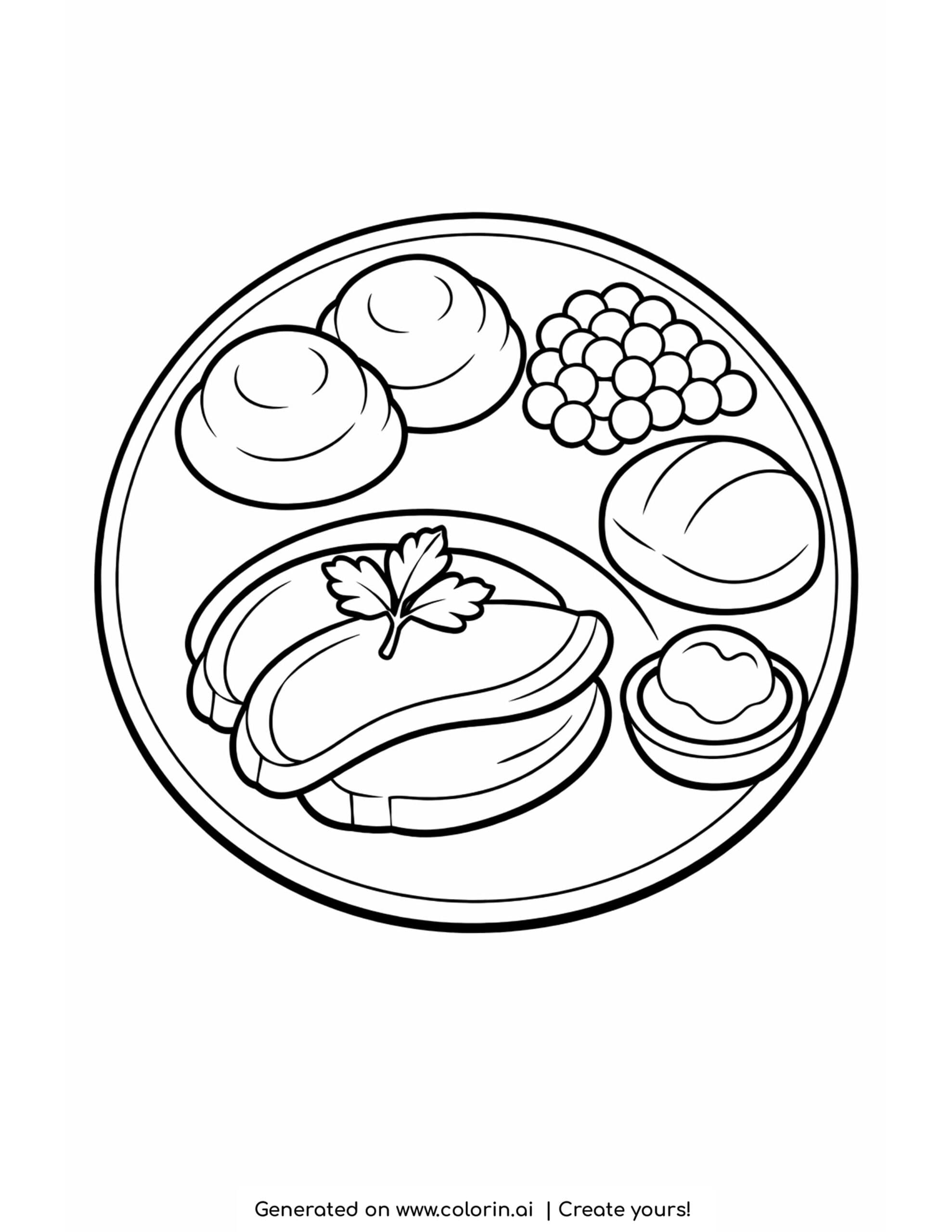 thanksgiving plate coloring page, a dinner plate from above with turkey slices, peas, a roll, butter, and mashed potatoes