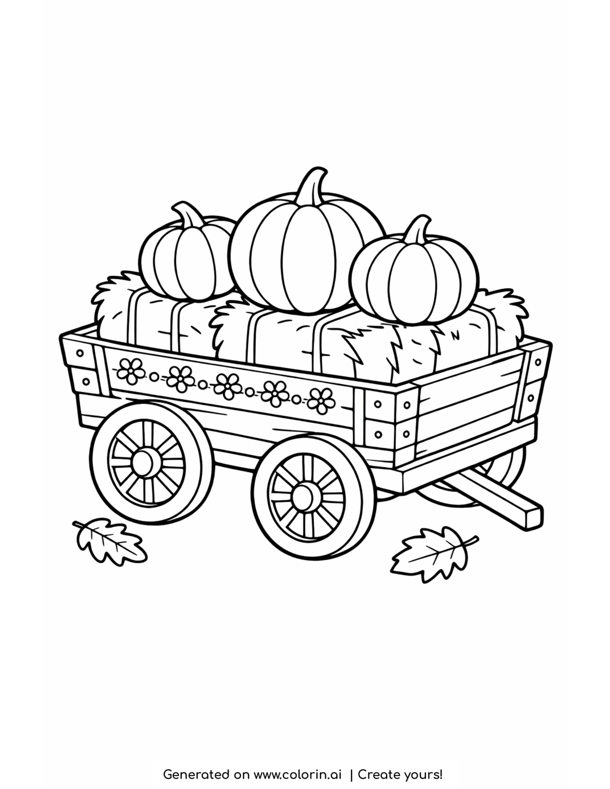 thanksgiving coloring pages for kids, an old wooden wagon piled with pumpkins on bundles of hay with big wheels