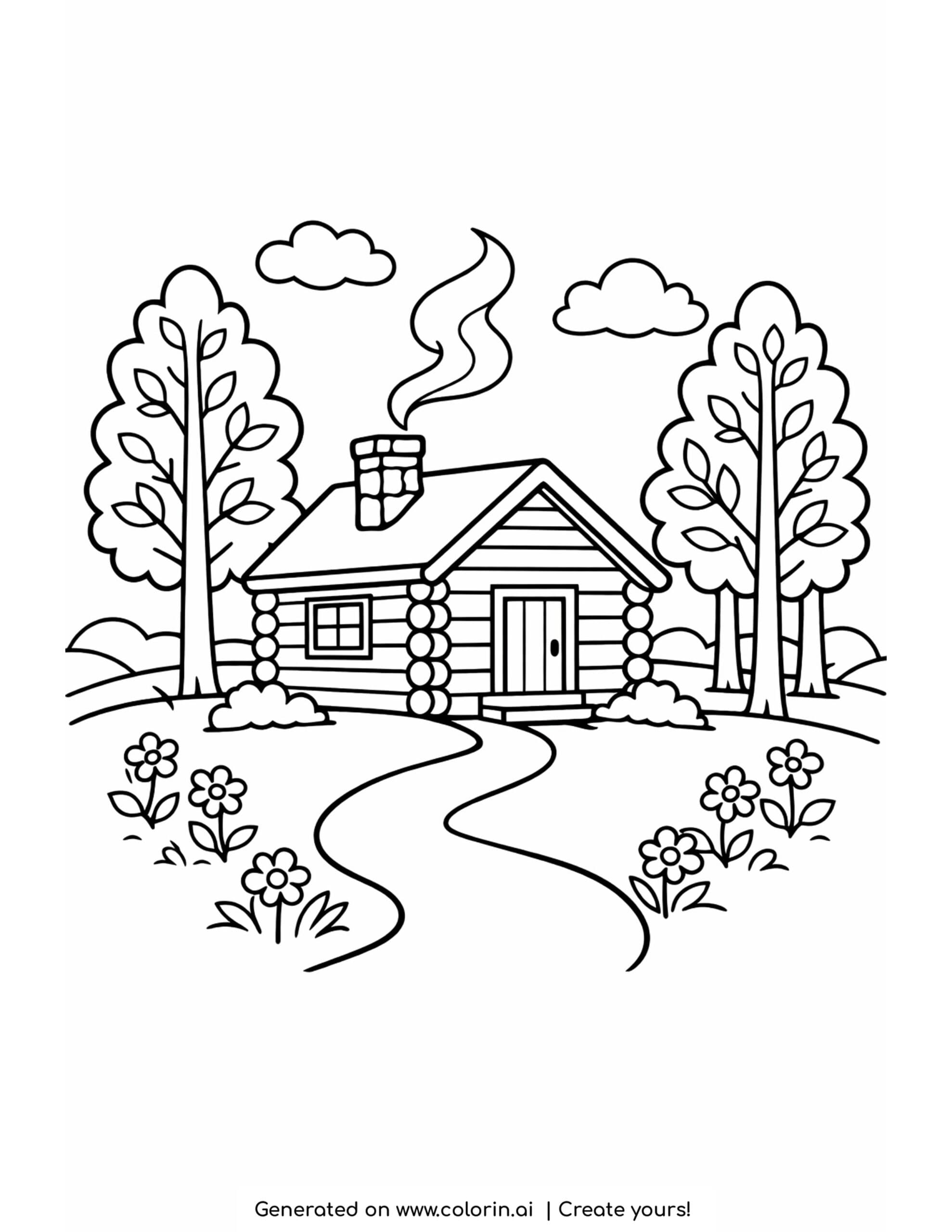 thanksgiving coloring pictures, a cozy log cabin with smoke from the chimney, tall trees, and a winding path
