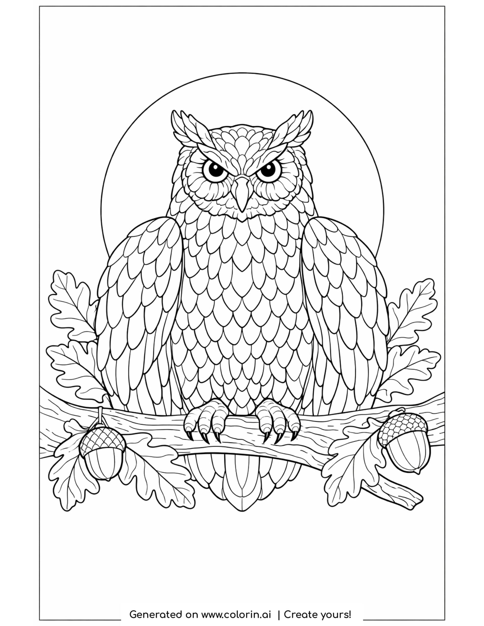 thanksgiving coloring pages for adults, a detailed owl perched on an oak branch with a full moon behind it and acorns