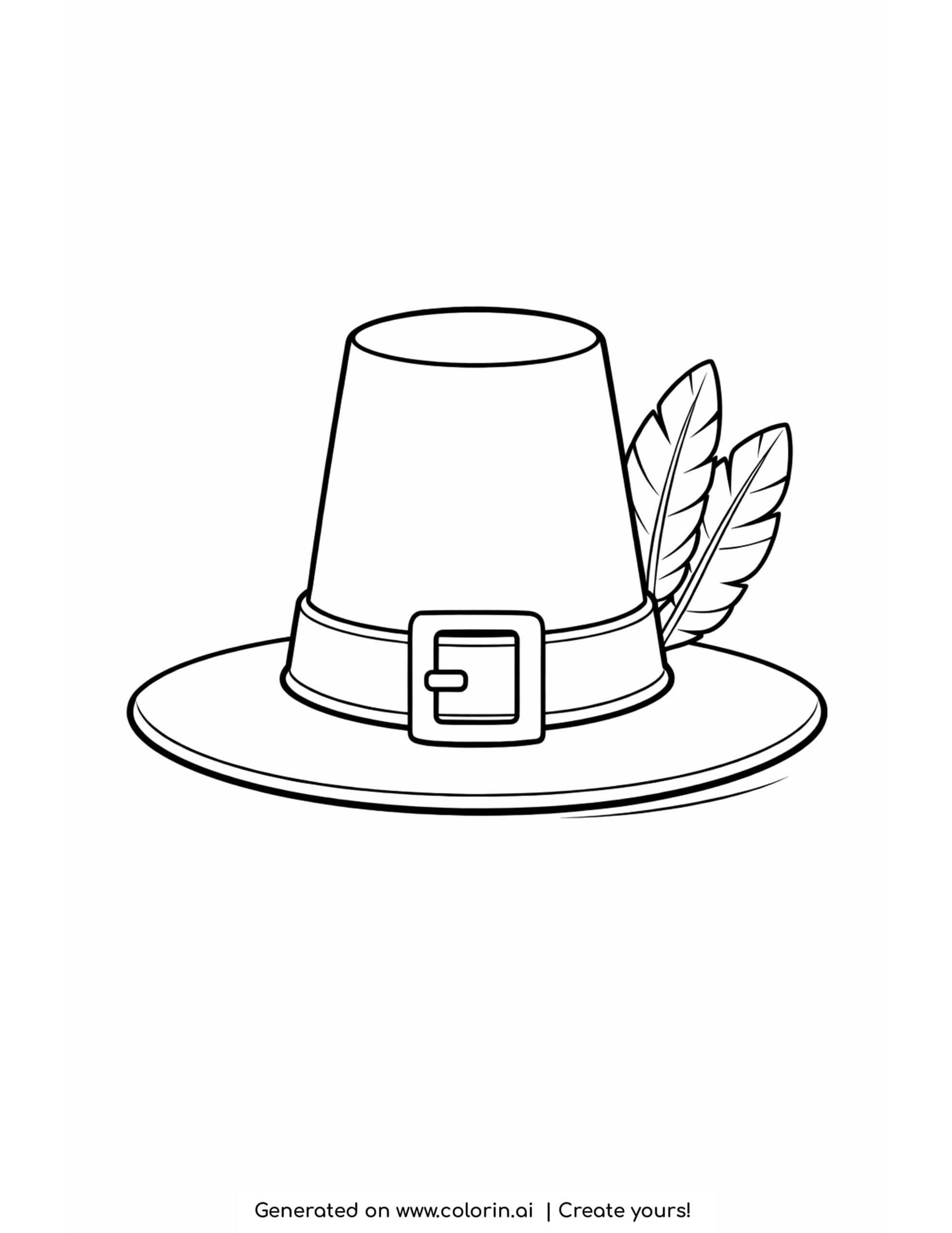 easy thanksgiving coloring pages, a tall pilgrim hat with a wide brim, a square buckle, and a couple of feathers