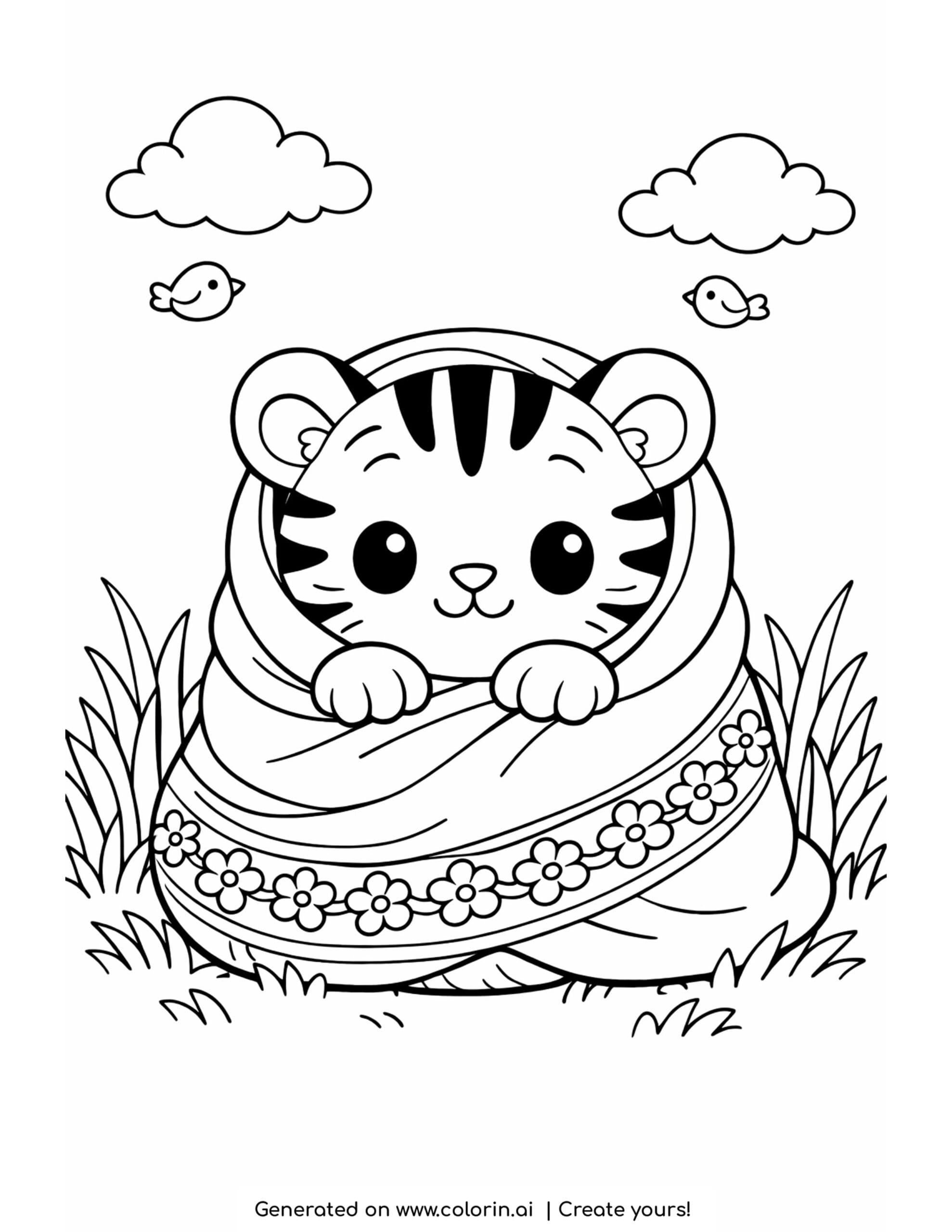 tiger coloring pages, a kawaii tiger cub wrapped in a cozy blanket with flowers