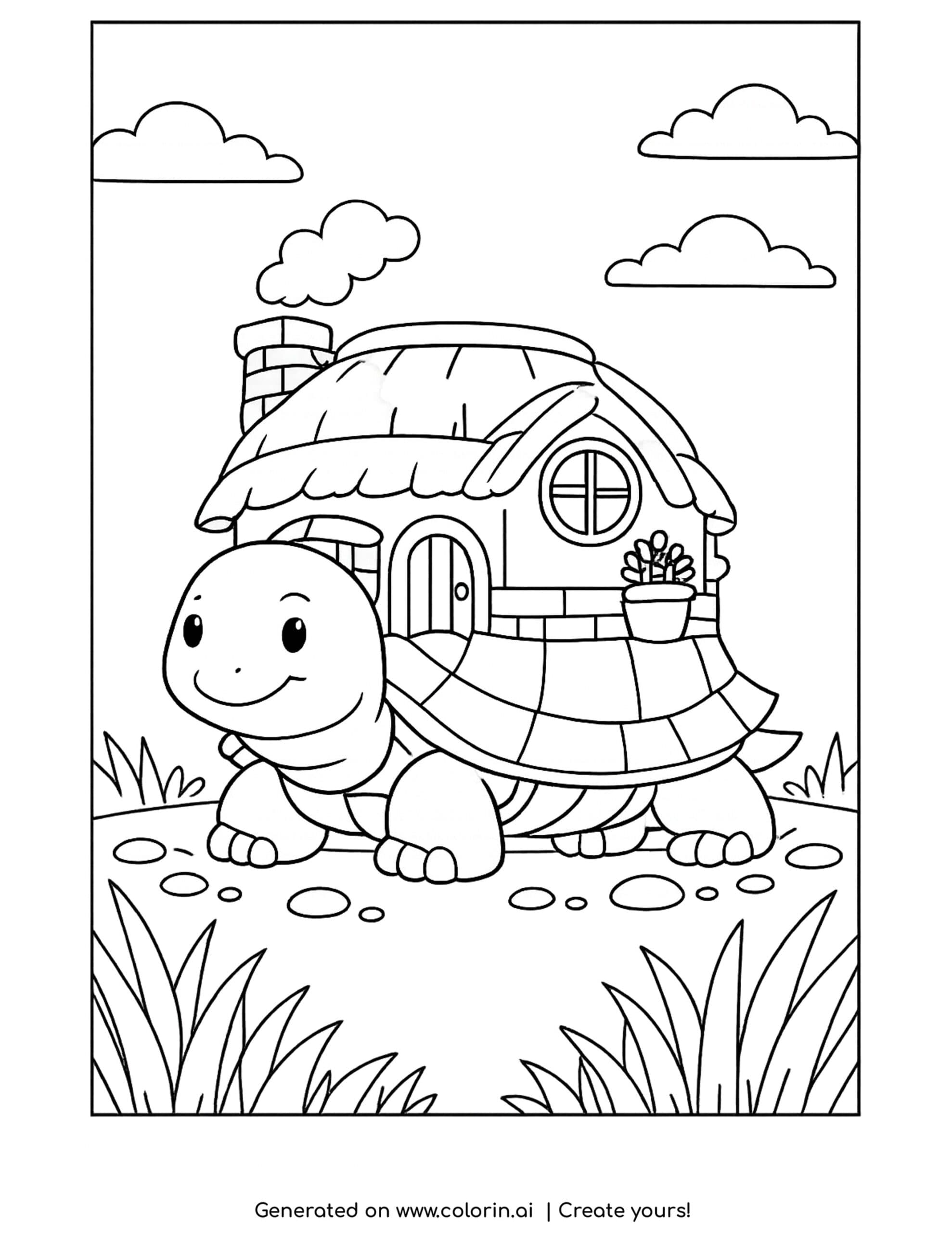 turtle coloring pages, a friendly turtle carrying a cozy cottage with a thatched roof on its shell
