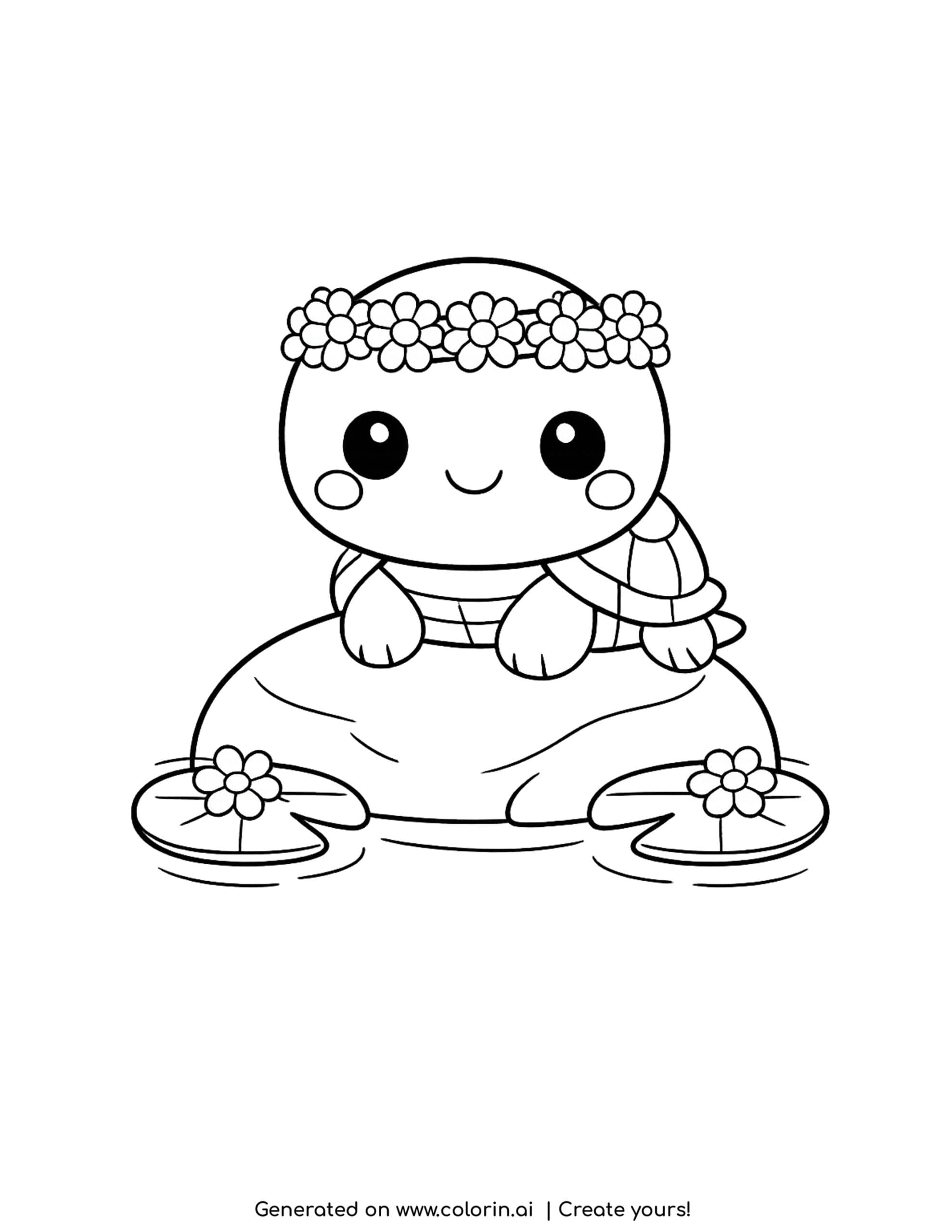 cute turtle coloring pages, a smiling turtle wearing a tiny flower crown sitting on a rock with lily pads
