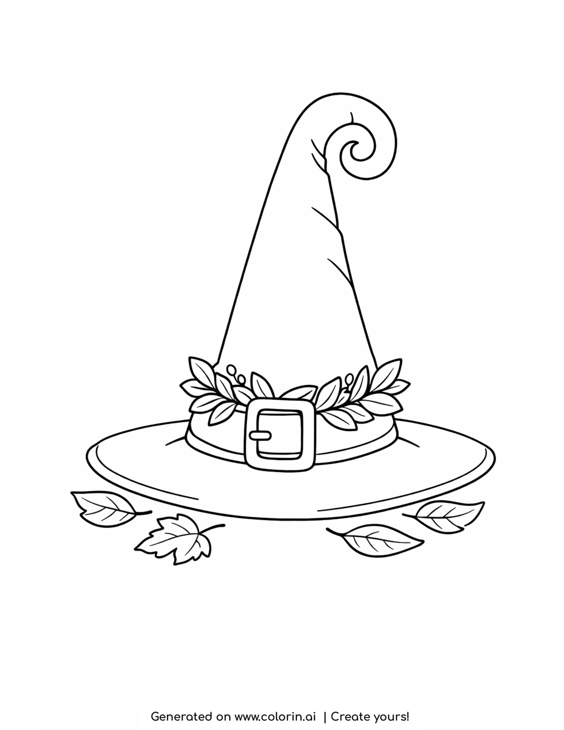 witch hat coloring pages, a tall pointed witch hat with a buckle, curled tip, and leaves