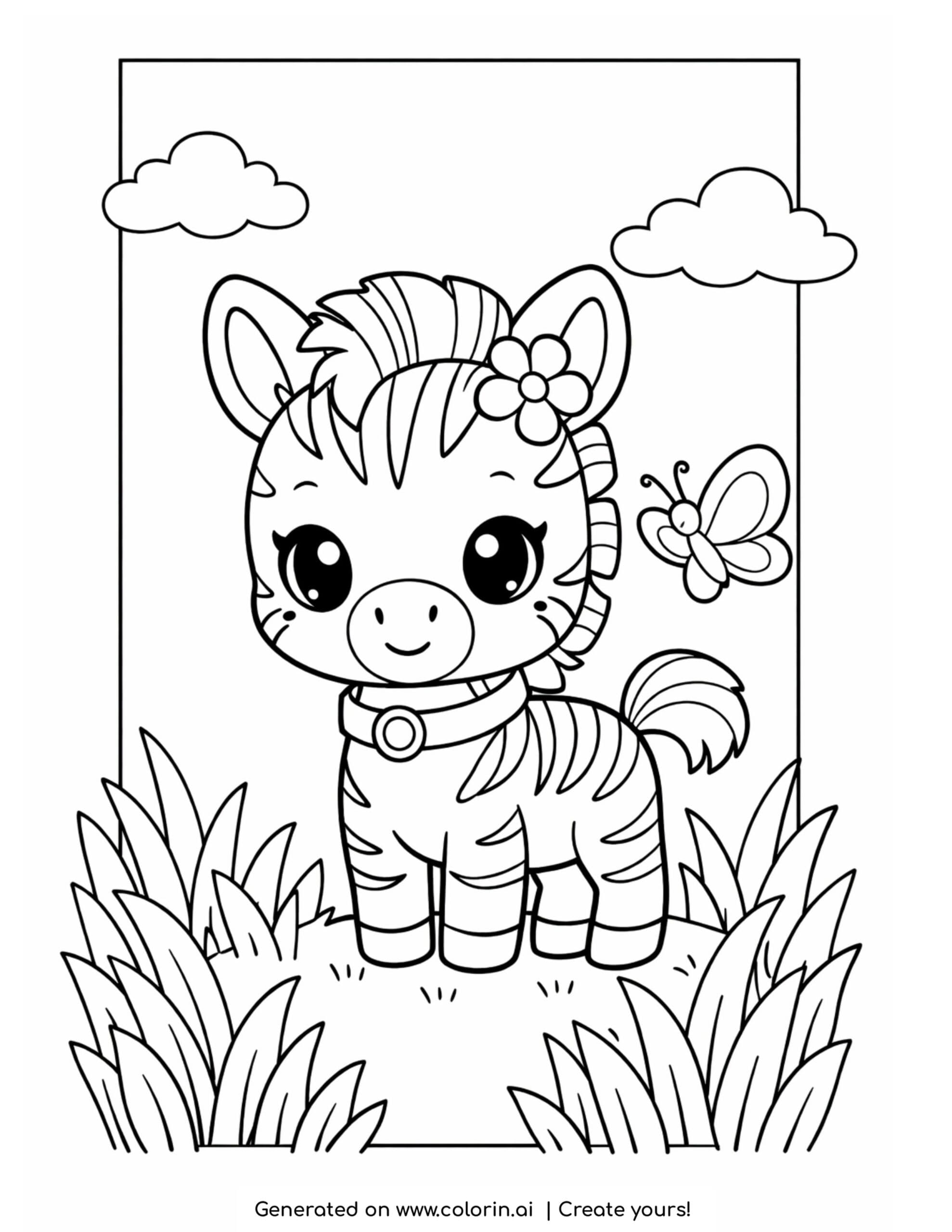 cute zebra coloring pages, a kawaii zebra foal with a flower in its mane