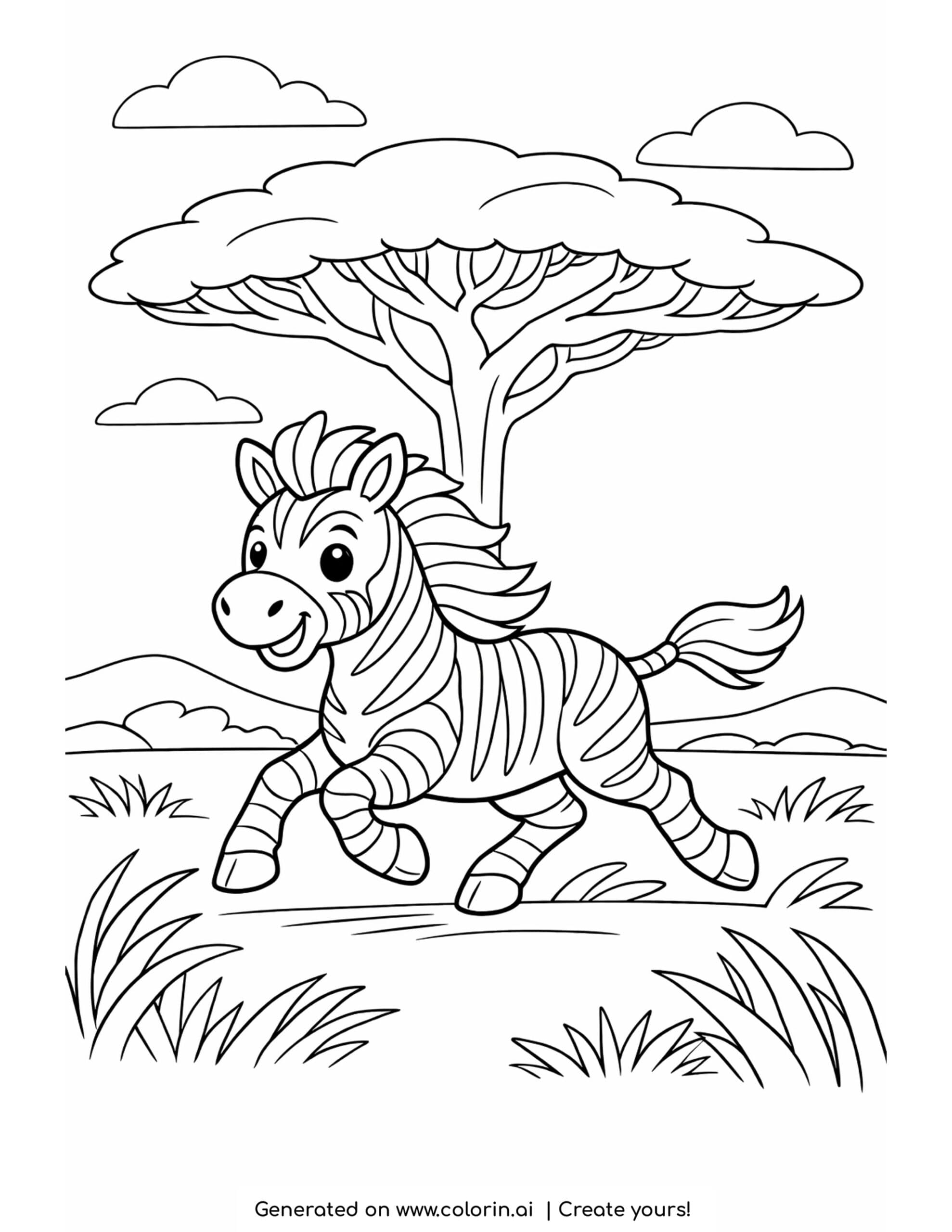 zebra coloring pages, a striped zebra galloping across the grasslands with an acacia tree and clouds