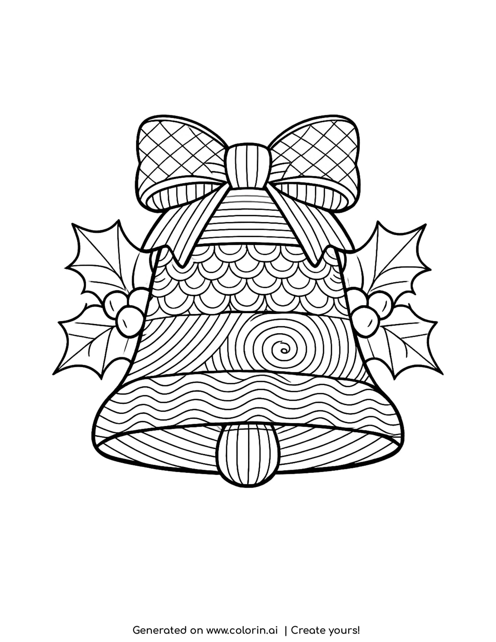 adult christmas coloring pages, a zentangle Christmas bell with patterned bands, a bow on top, and holly at the sides