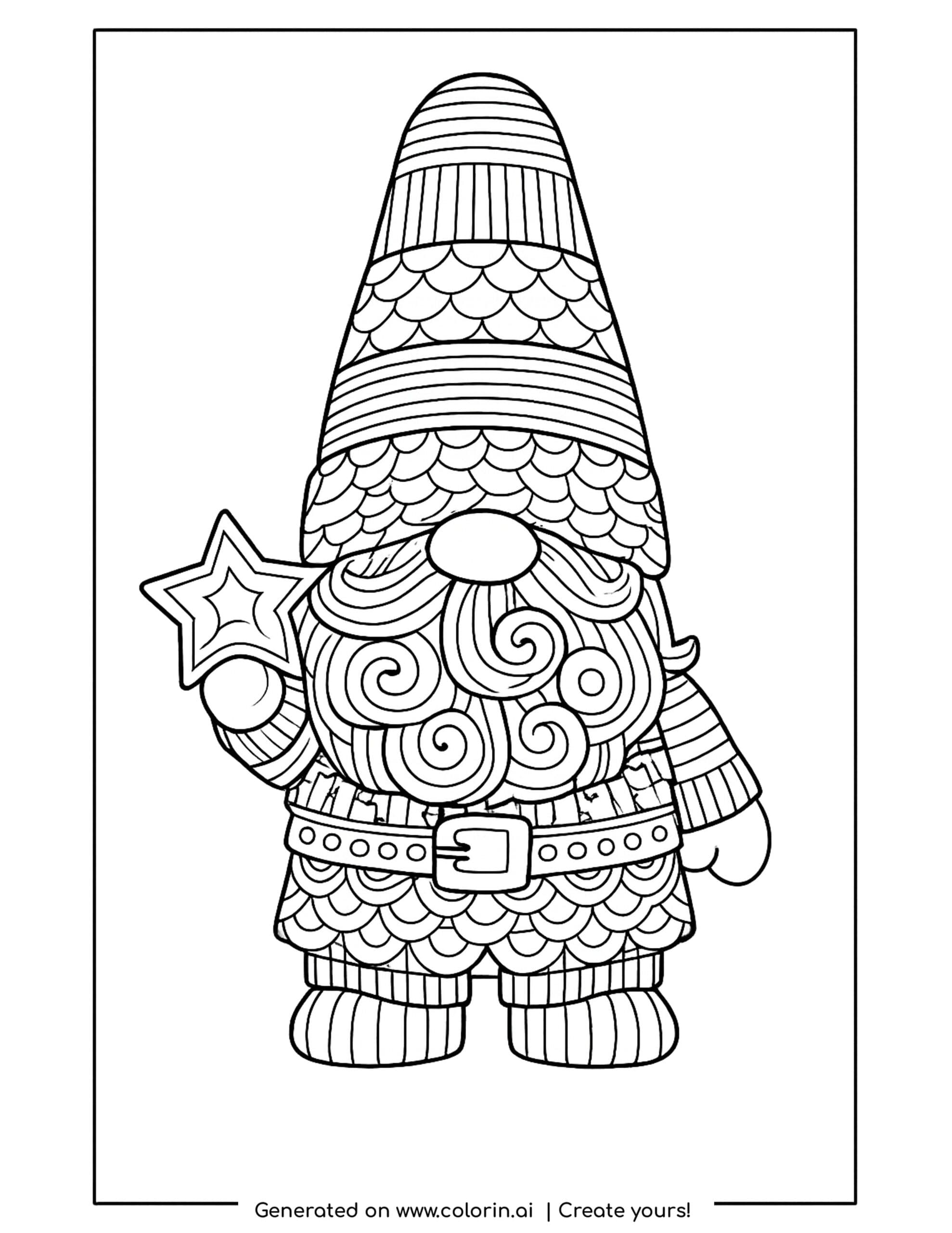 christmas adult coloring pages, a zentangle gnome with a tall patterned hat, a long swirly beard, and a star